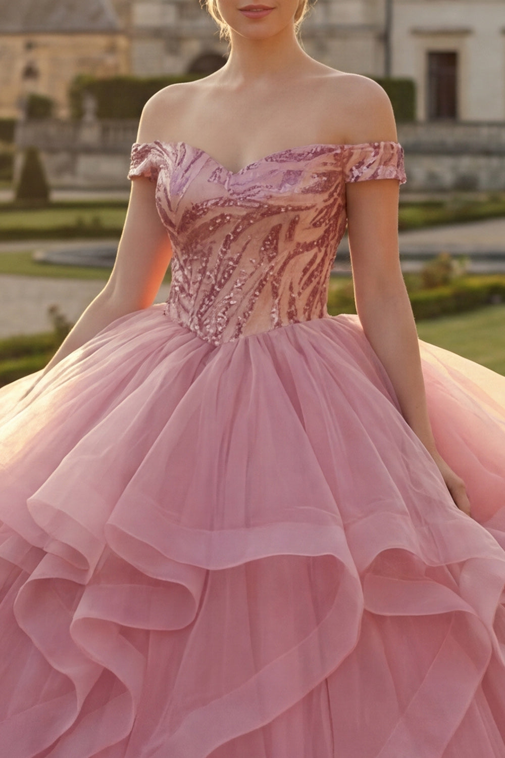 Sparkly Pink Sequin Ball Gown Long Princess Quinceanera Dress with Ruffles