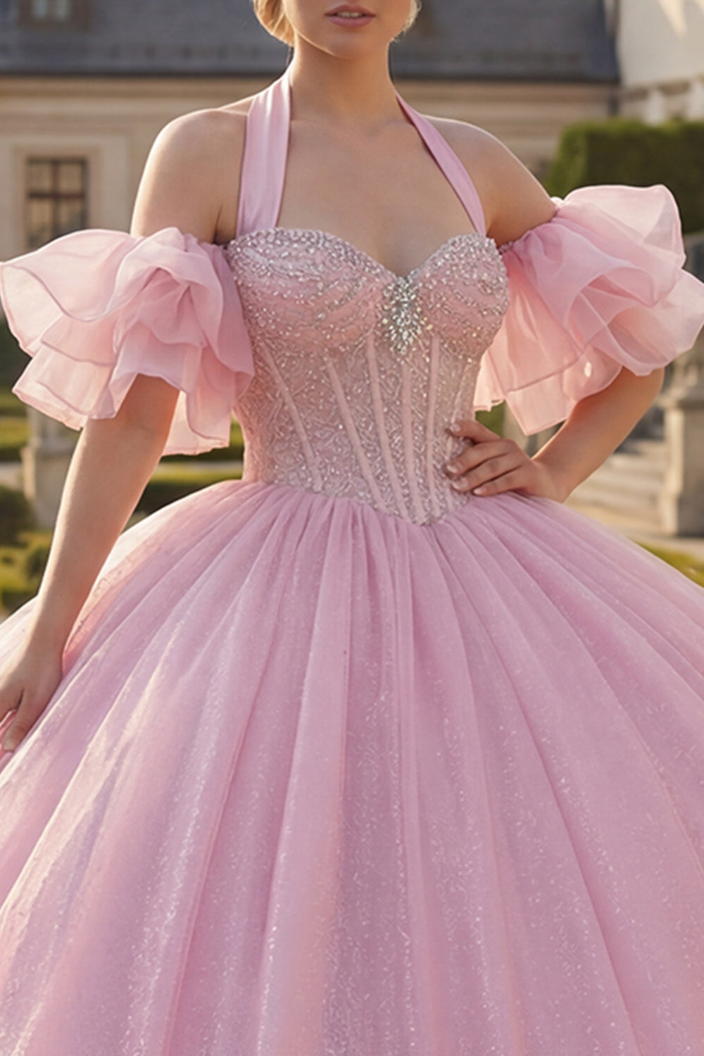 Glitter Pink Corset Halter Beaded Long Princess Quinceanera Dress with Ruffles
