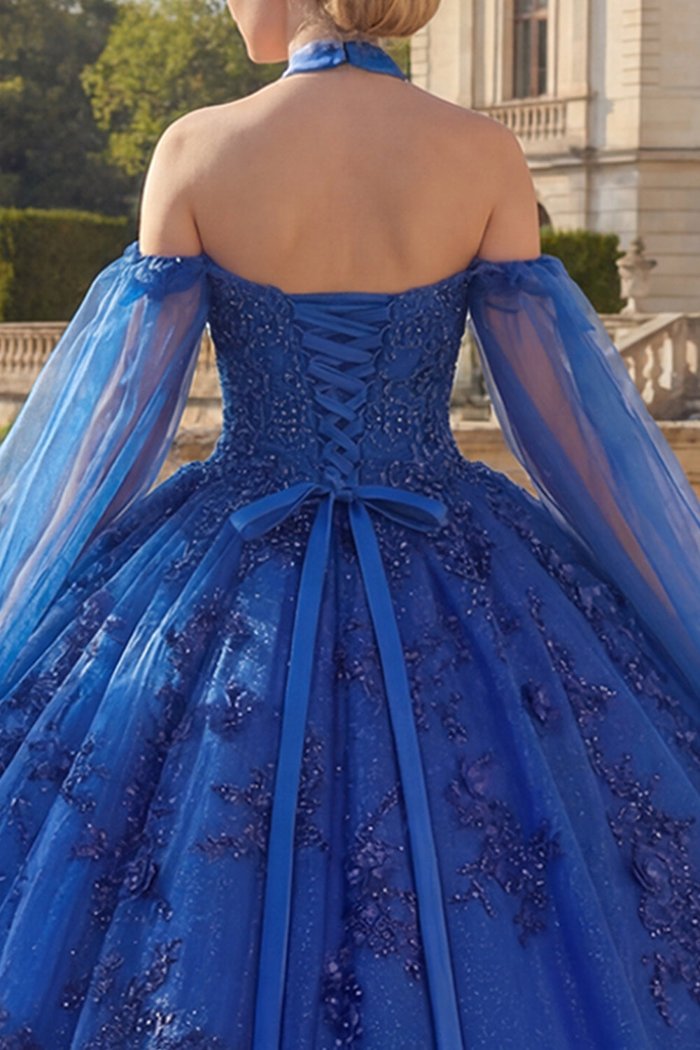 Sparkly Royal Blue Princess Beaded Long Floral Quinceanera Dress with Cape