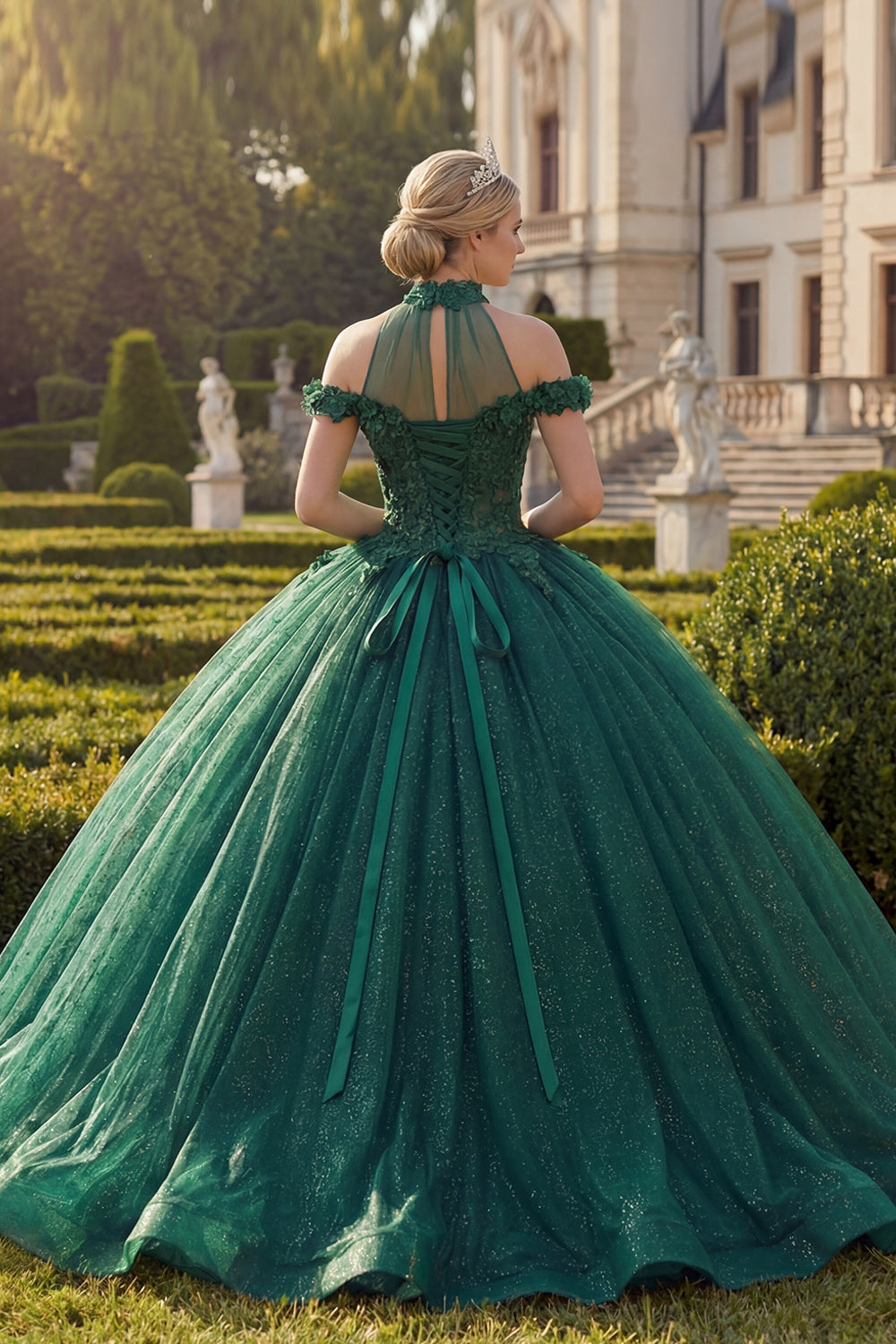 Glitter Dark Green Ball Gown High Neck Princess Long Floral Quinceanera Dress