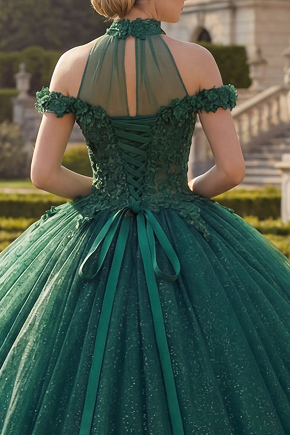 Glitter Dark Green Ball Gown High Neck Princess Long Floral Quinceanera Dress