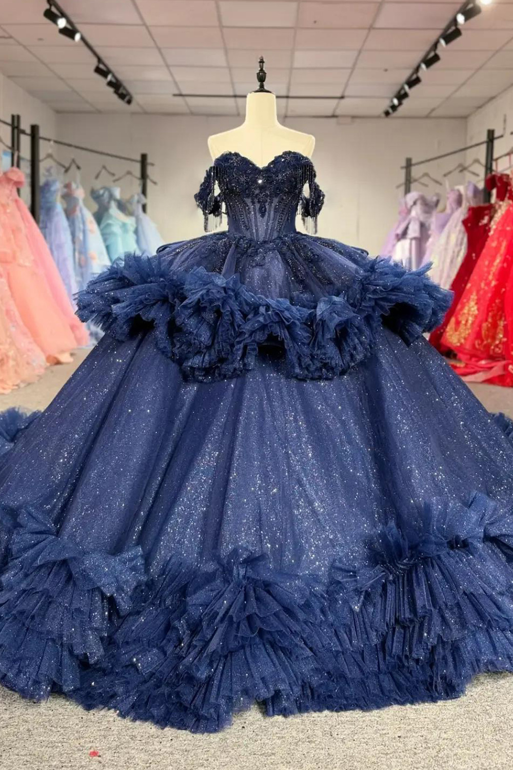 Navy Sparkly Sequins Corset Ruffled Appliqued Long Quinceanera Dress Glitter Ball Gown Off the Shoulder Sleeveless Tulle Sweet 16 Dress