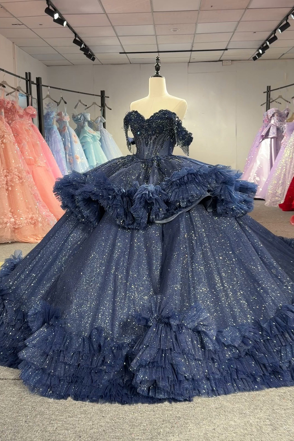 Navy Sparkly Ball Gown Off the Shoulder Ruffled Maxi Quinceanera Dress