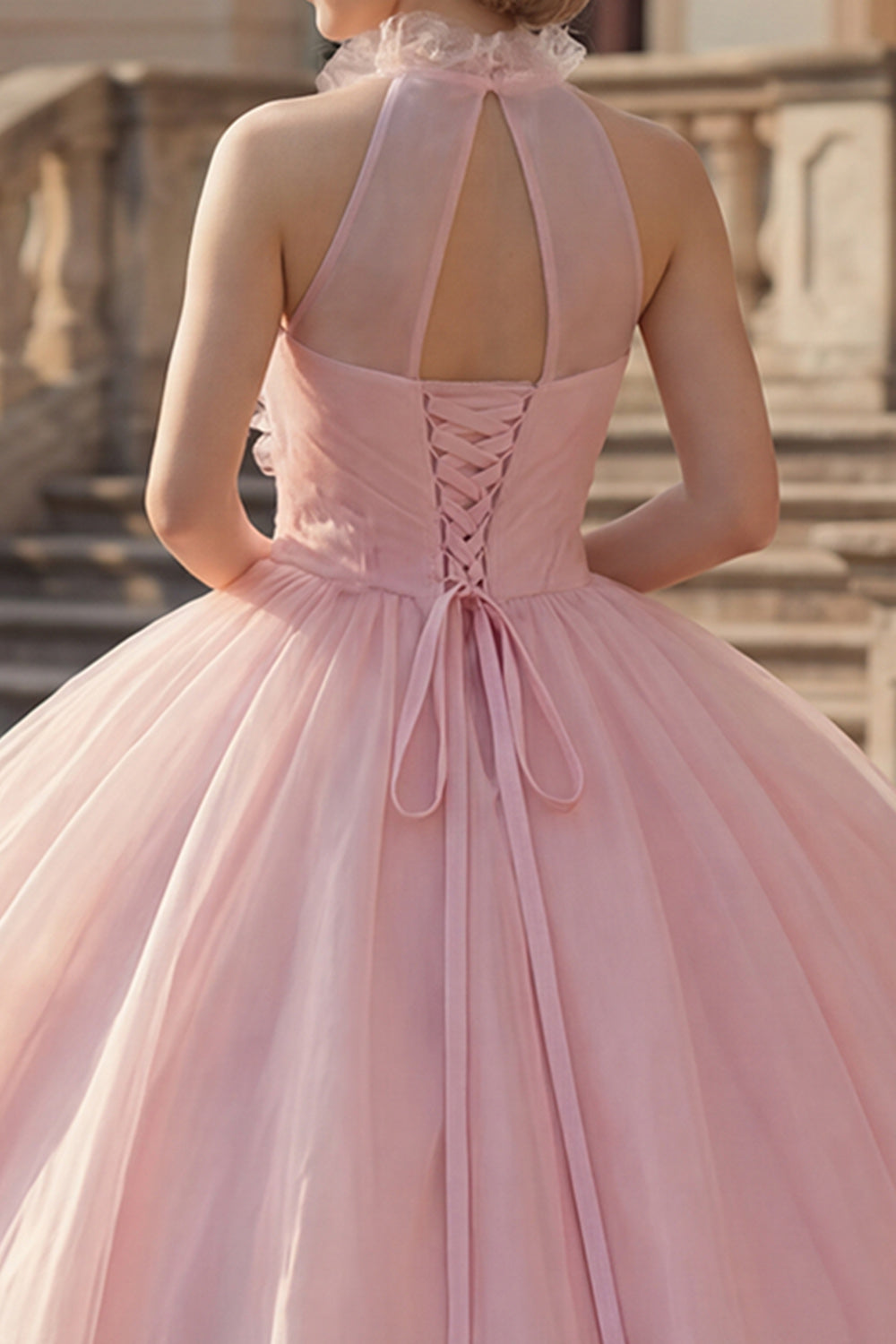 Blush Ball Gown High Neck Floral Ruched Long Princess Quinceanera Dress with Ruffles