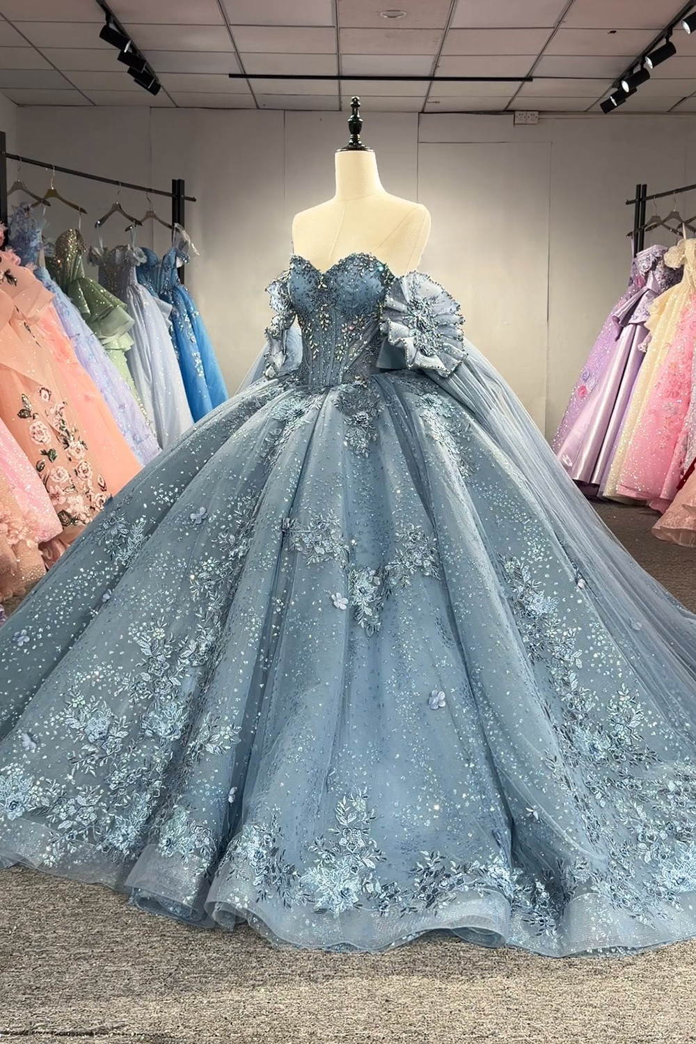 Dusty Blue Ball Gown Sweetheart Floral Maxi Quinceanera Dress with Appliques