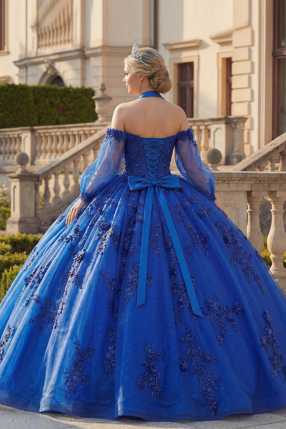 Glitter Royal Blue Beaded Princess Long Floral Quinceanera Dress with Bow