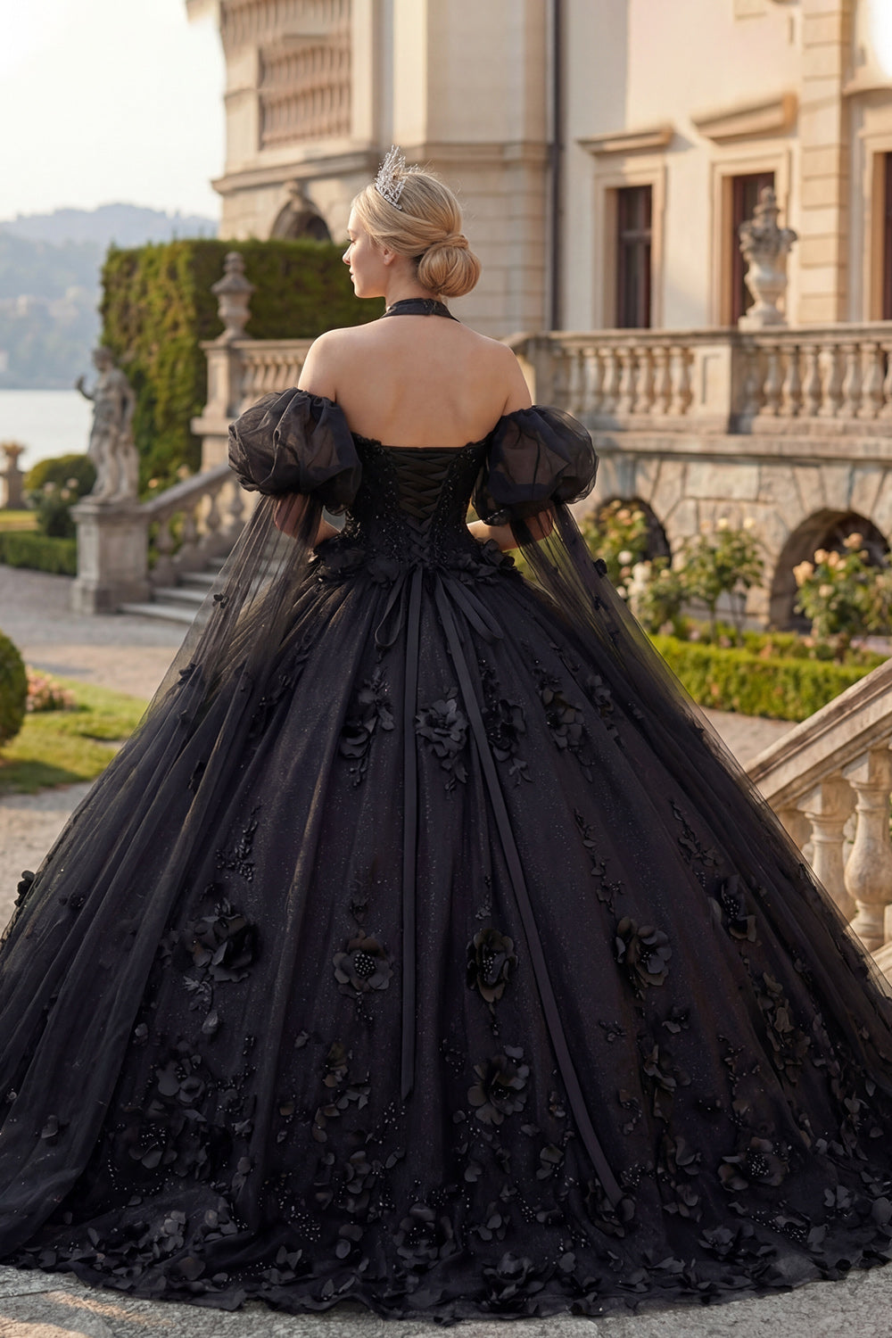 Glitter Beaded Princess Black Long Floral Quinceanera Dress with Cape