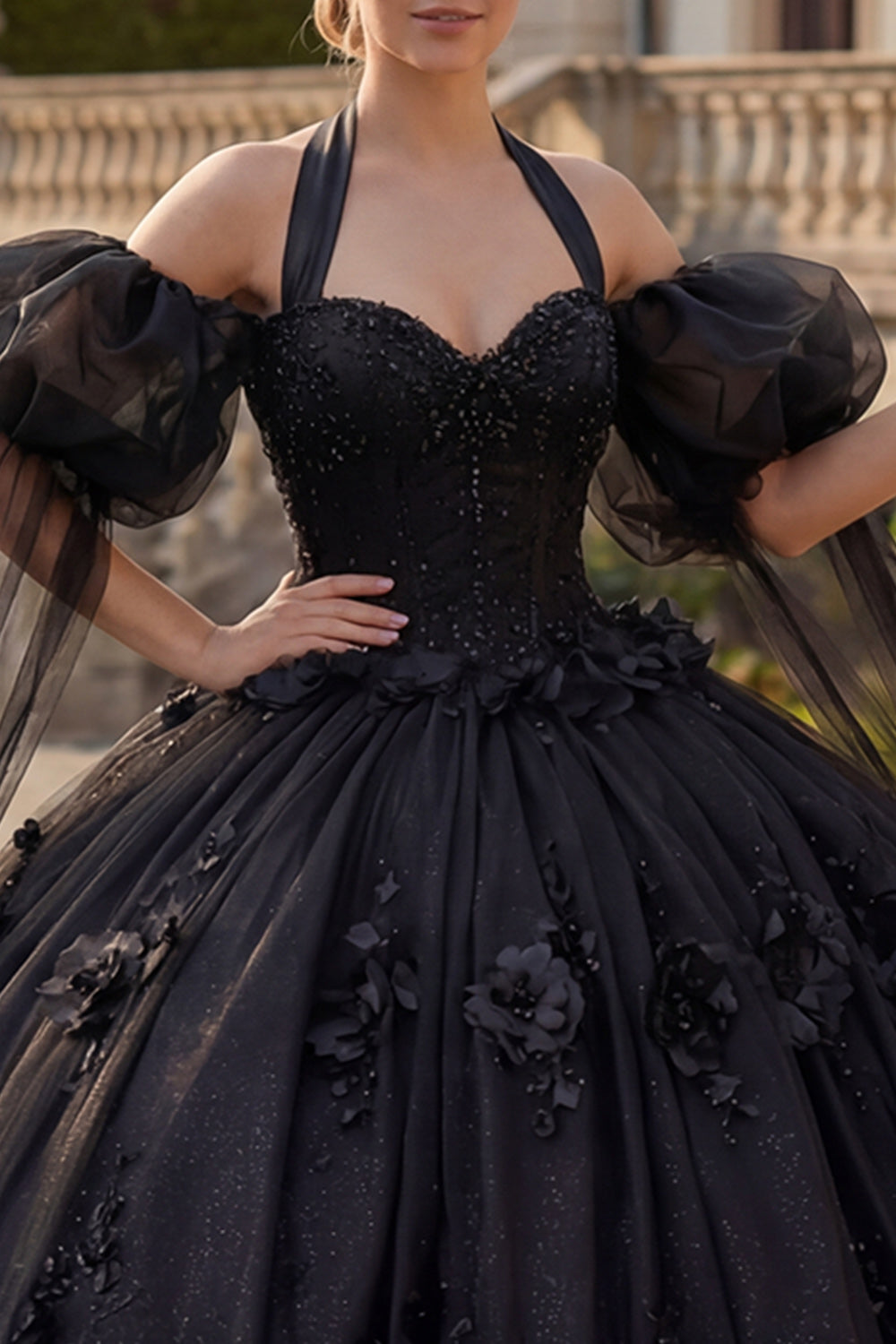 Glitter Beaded Princess Black Long Floral Quinceanera Dress with Cape