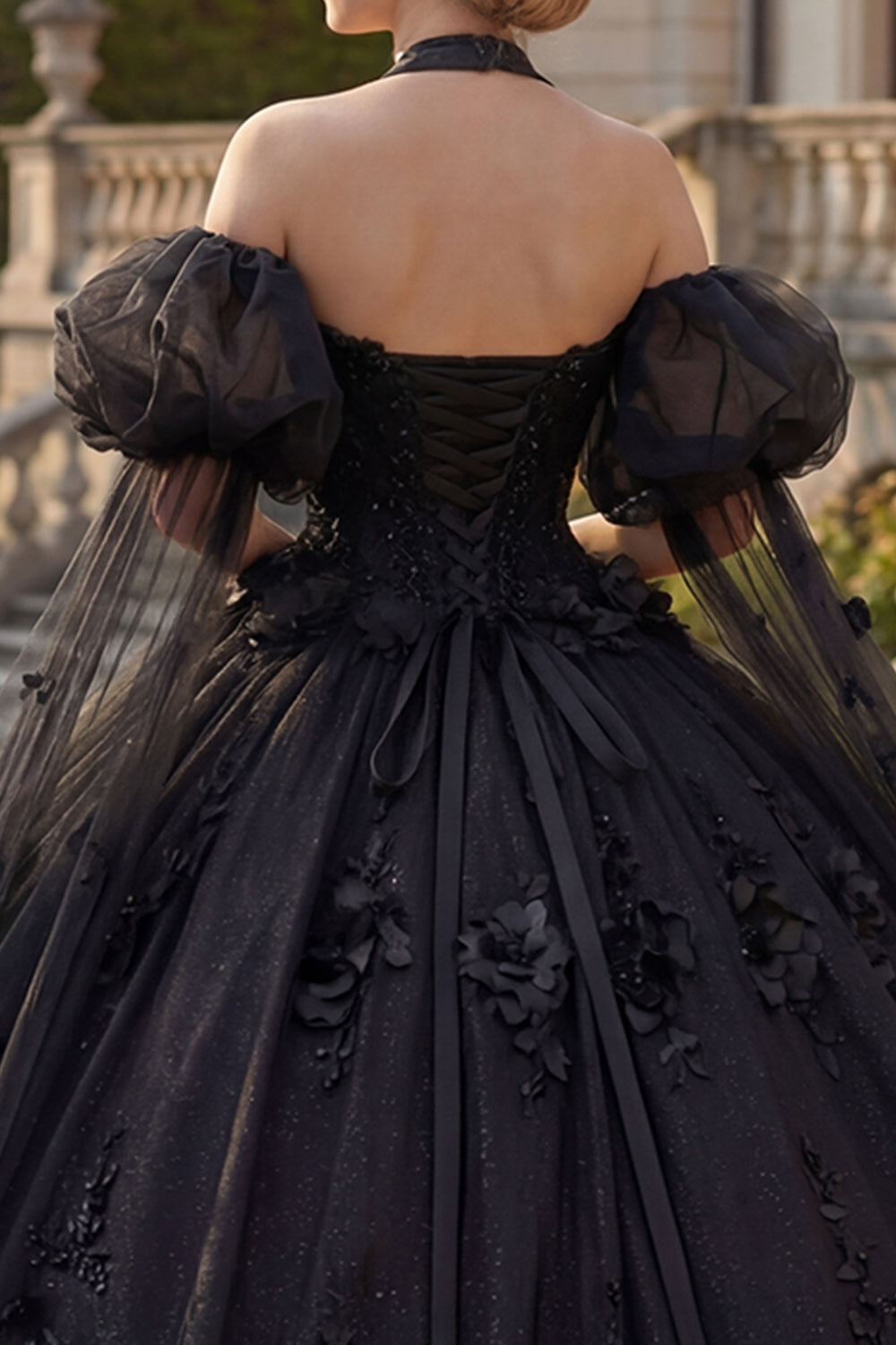 Glitter Beaded Princess Black Long Floral Quinceanera Dress with Cape