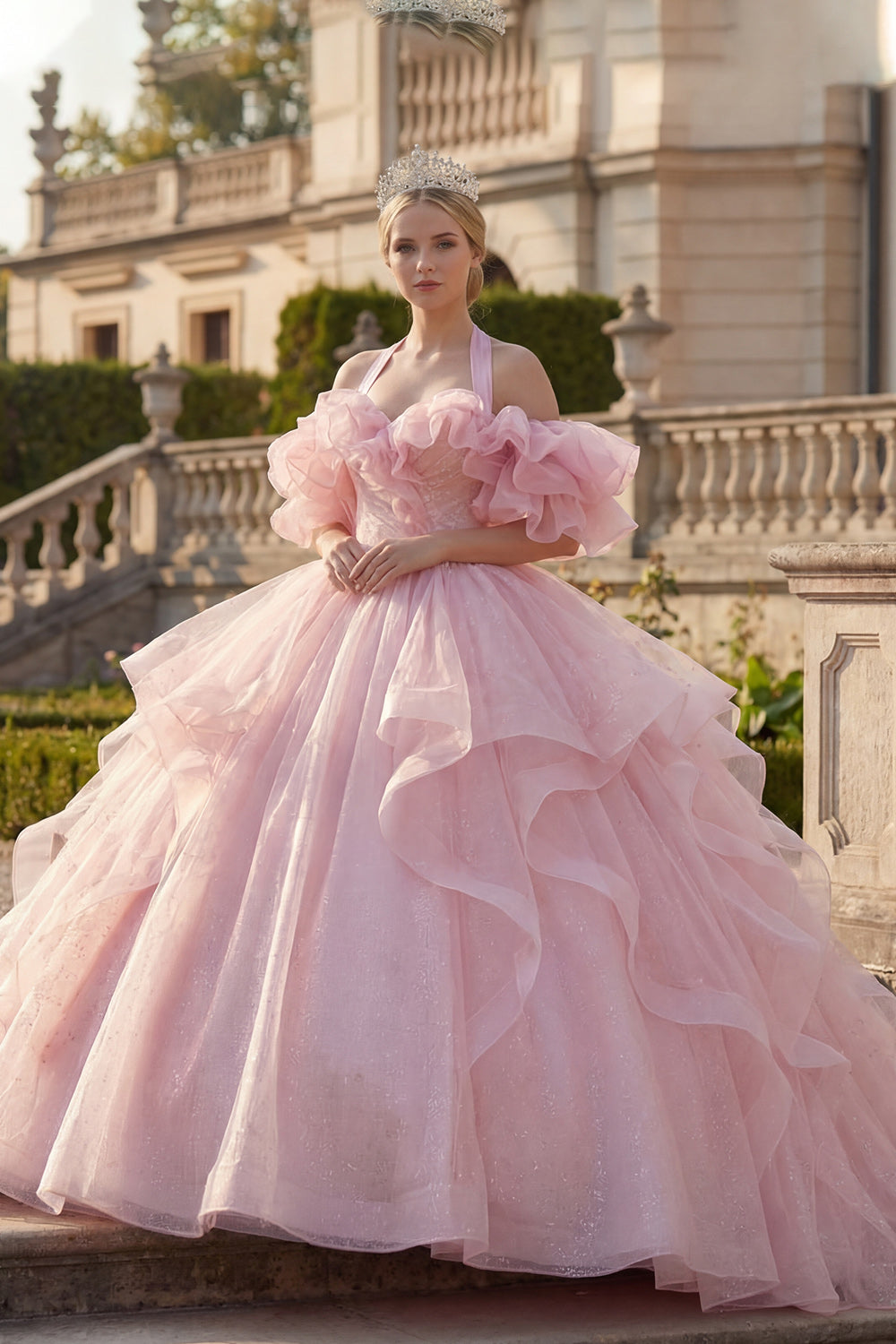 Blush Princess Glitter Ball Gown Long Halter Quinceanera Dress with Ruffles