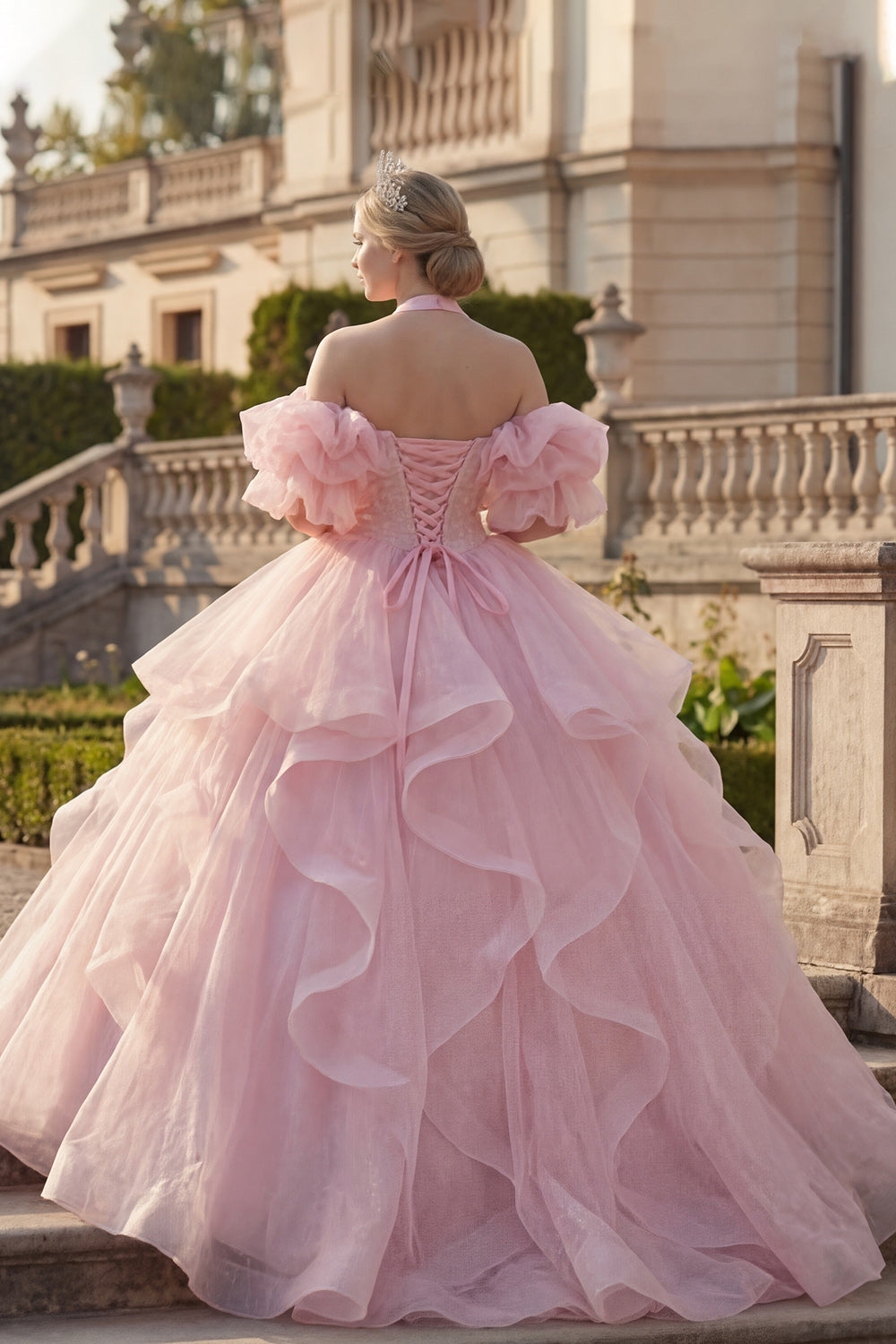 Blush Princess Glitter Ball Gown Long Halter Quinceanera Dress with Ruffles
