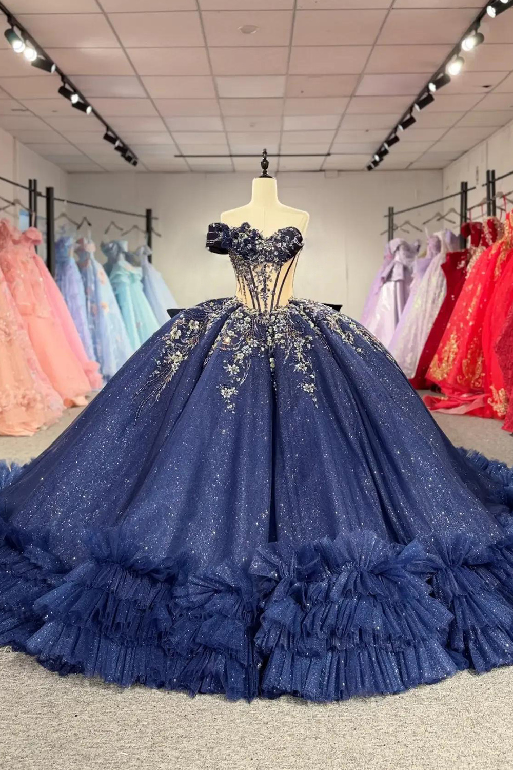 Sparkly Navy Glitter Sheer Corset Ruffled Long Quinceanera Dress with Bow Appliqued Tulle Asymmetrical Neck Ball Gown Sleeveless Sweet 16 Dress
