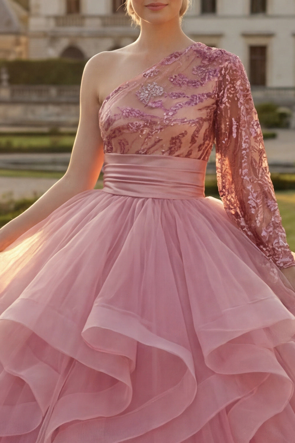 Sparkly Pink One Shoulder Princess Sequin Long Quinceanera Dress with Ruffles