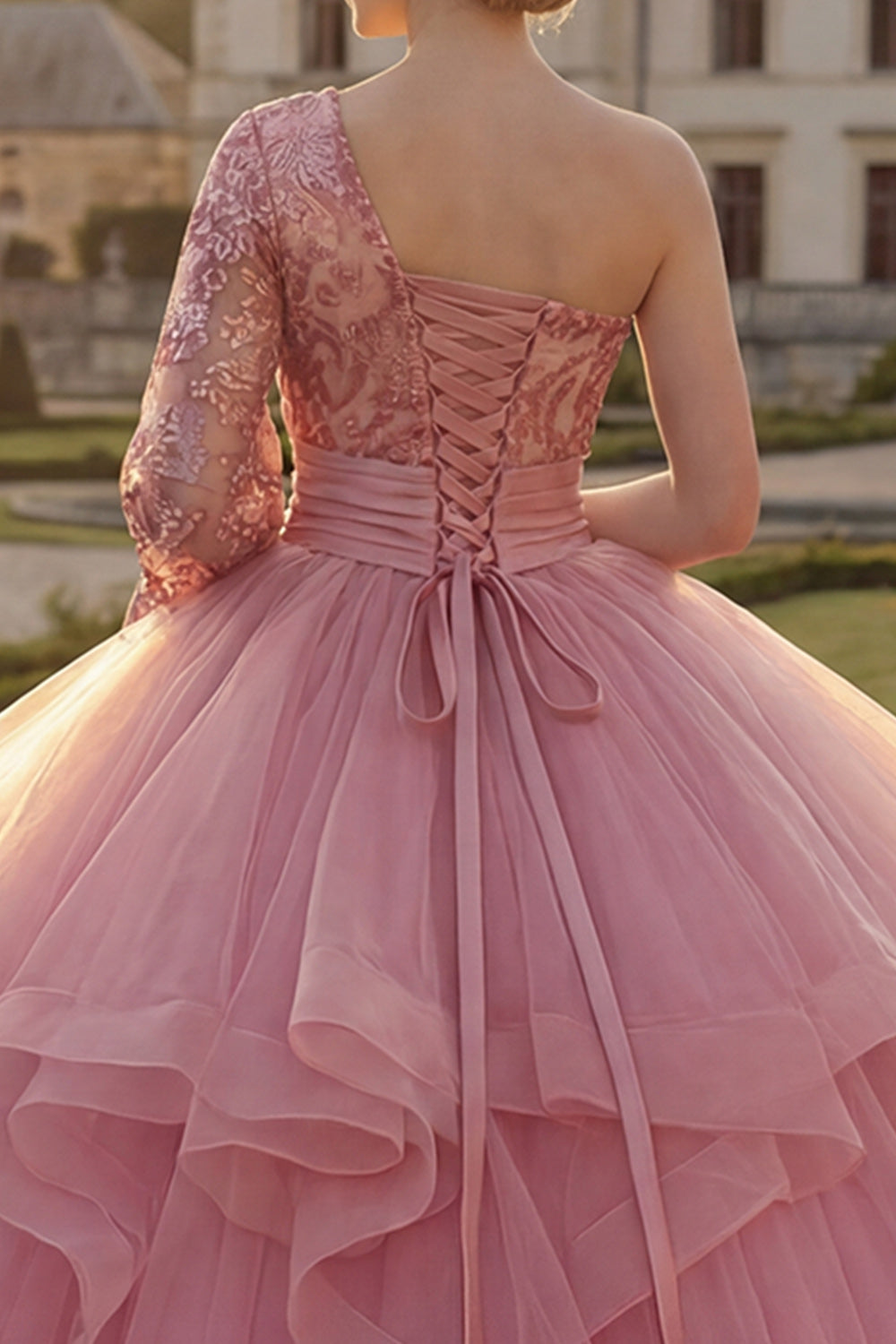Sparkly Pink One Shoulder Princess Sequin Long Quinceanera Dress with Ruffles
