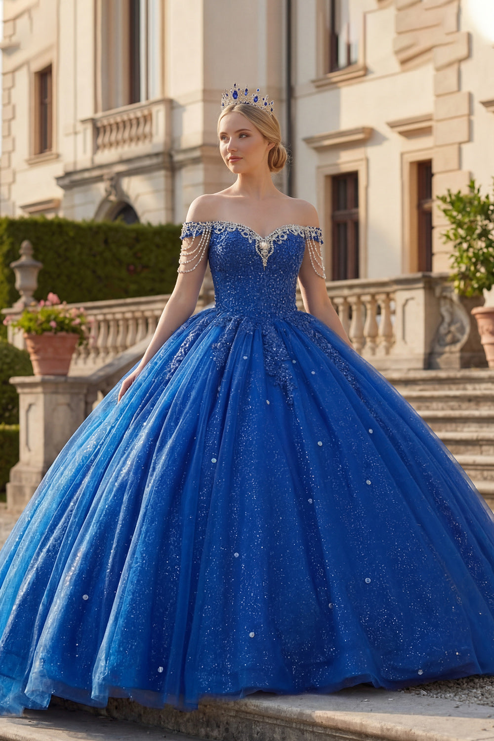 Sparkly Royal Blue Off the Shoulder Princess Long Beaded Quinceanera Dress with Fringes