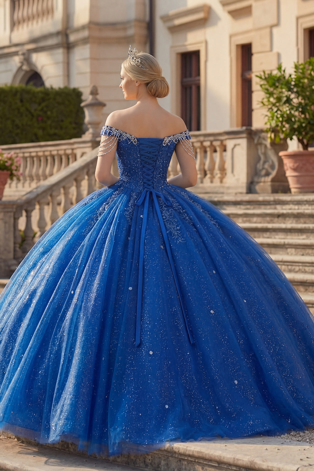 Sparkly Royal Blue Off the Shoulder Princess Long Beaded Quinceanera Dress with Fringes