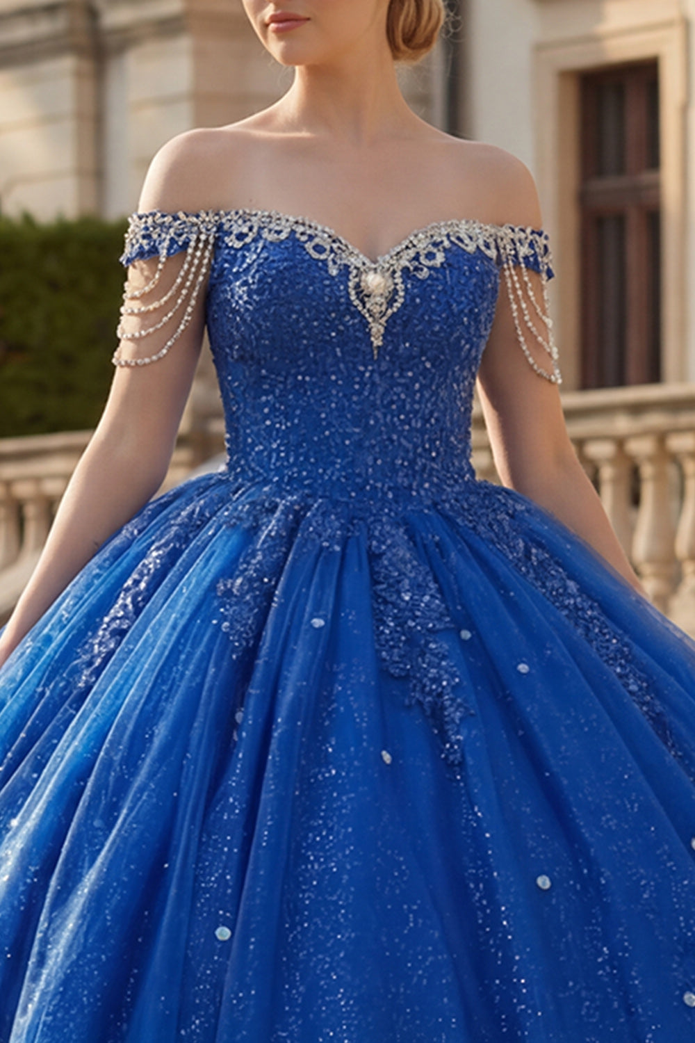 Sparkly Royal Blue Off the Shoulder Princess Long Beaded Quinceanera Dress with Fringes