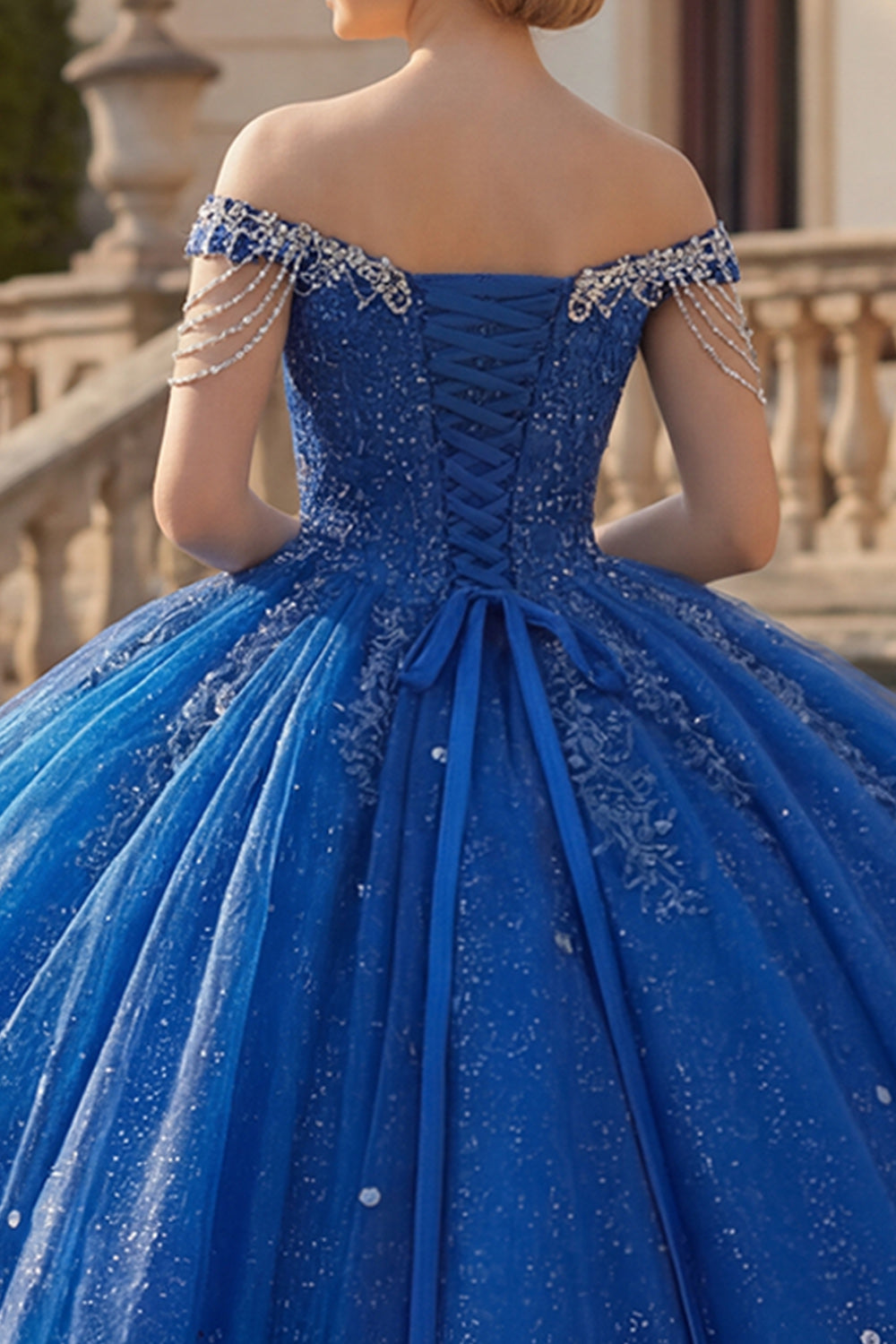 Sparkly Royal Blue Off the Shoulder Princess Long Beaded Quinceanera Dress with Fringes