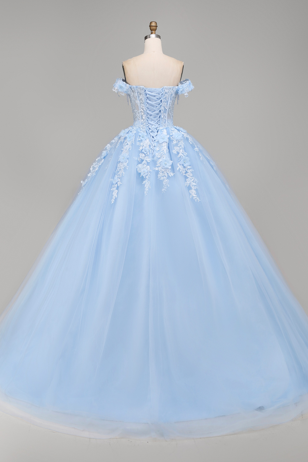 Light Blue Floral Long Ball Gown Corset Princess Quinceanera Dress with Pearls