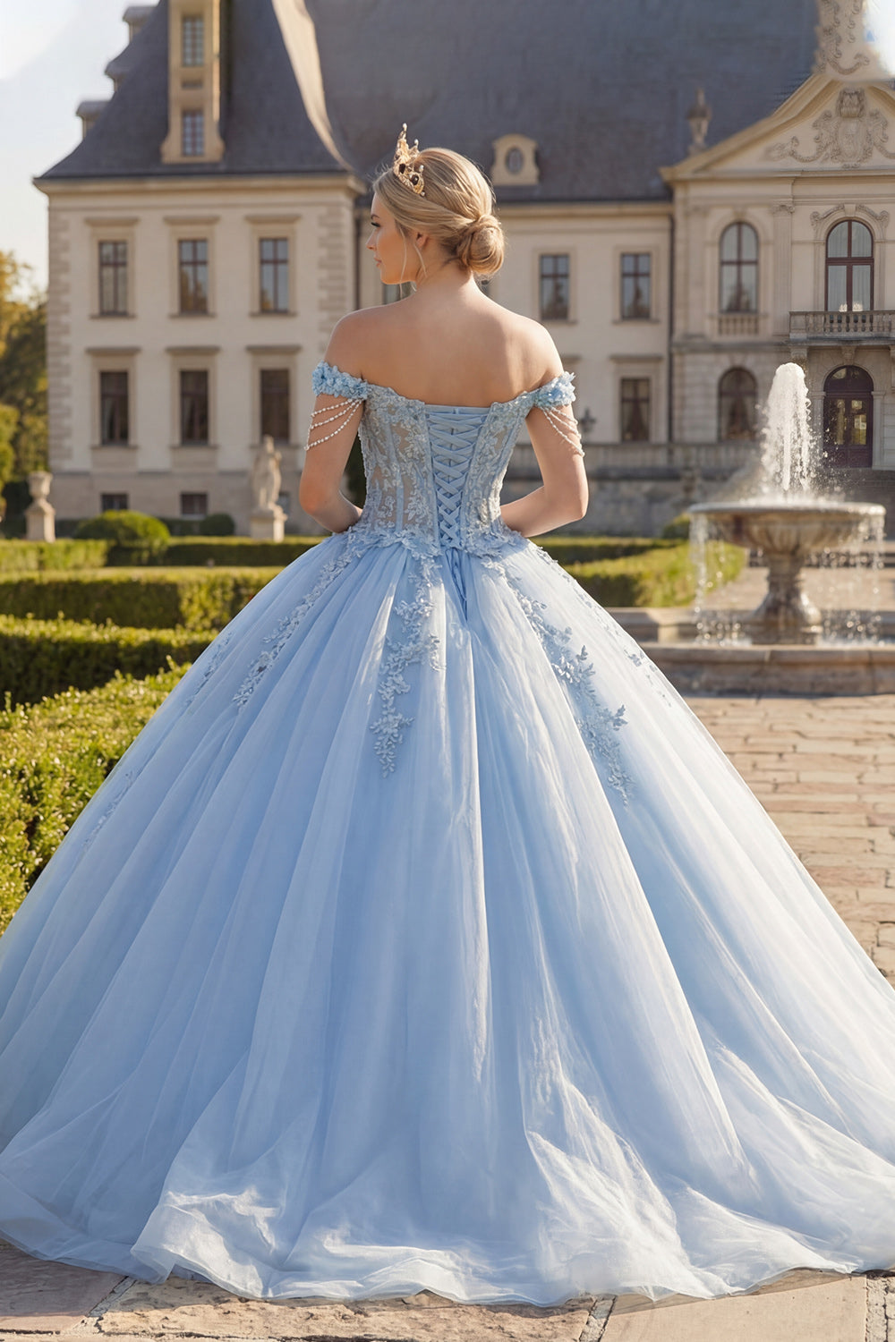 Light Blue Floral Long Ball Gown Corset Princess Quinceanera Dress with Pearls