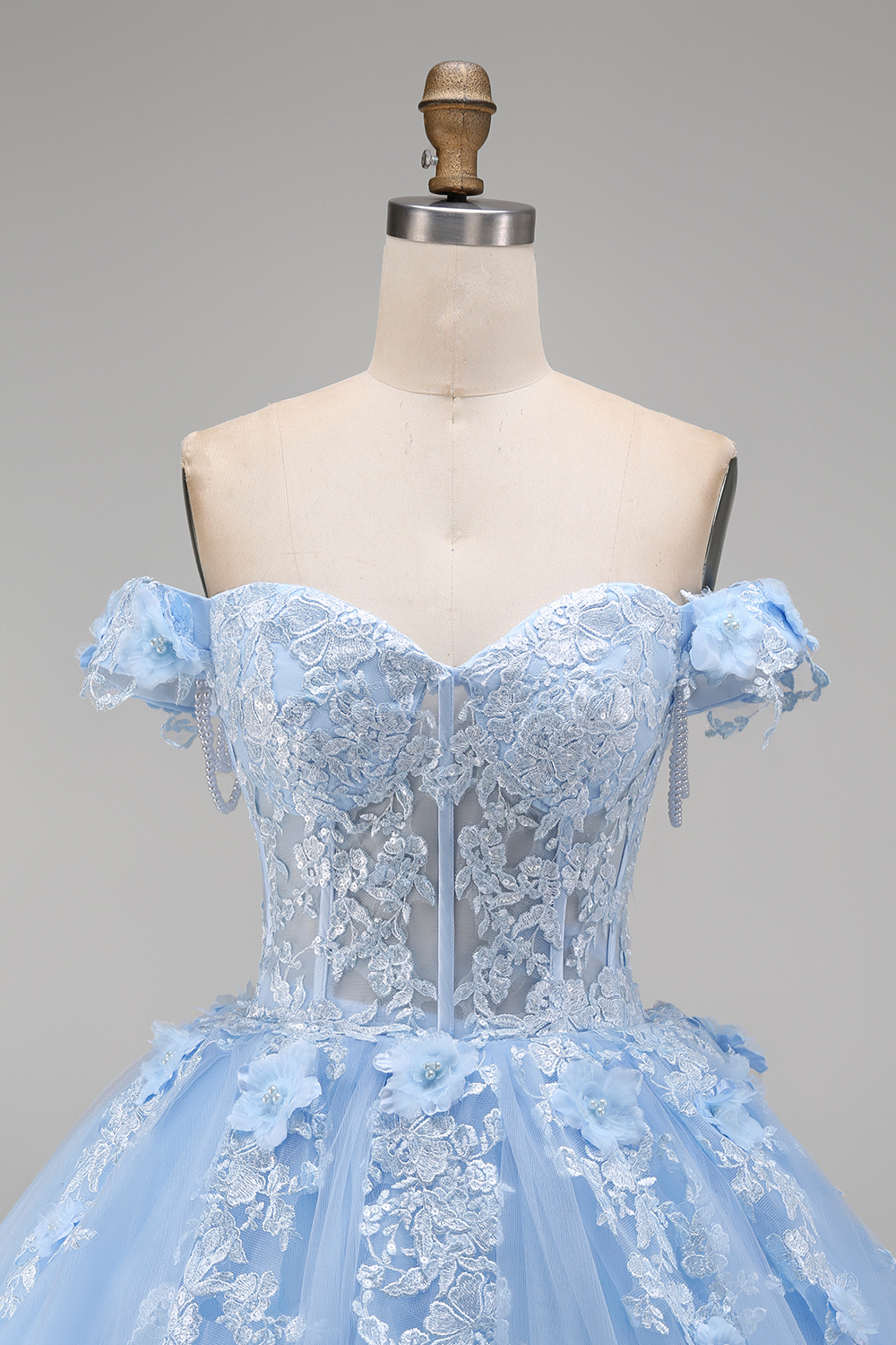 Light Blue Floral Long Ball Gown Corset Princess Quinceanera Dress with Pearls