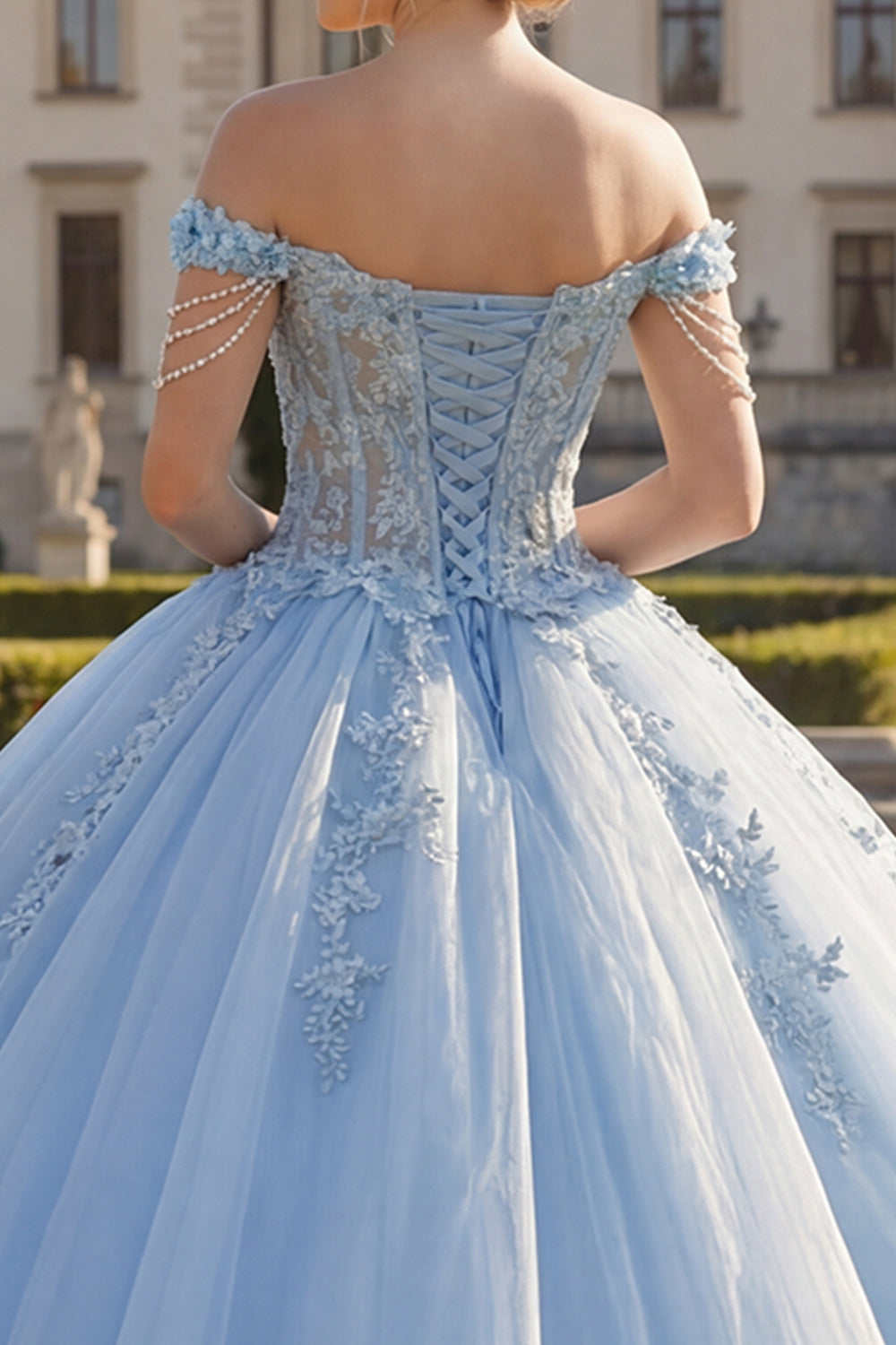 Light Blue Floral Long Ball Gown Corset Princess Quinceanera Dress with Pearls