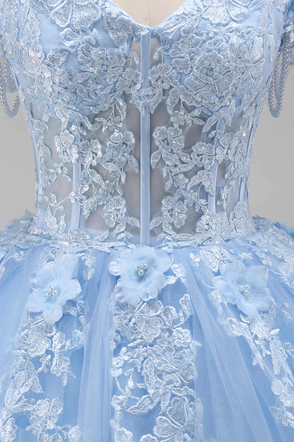 Light Blue Floral Long Ball Gown Corset Princess Quinceanera Dress with Pearls