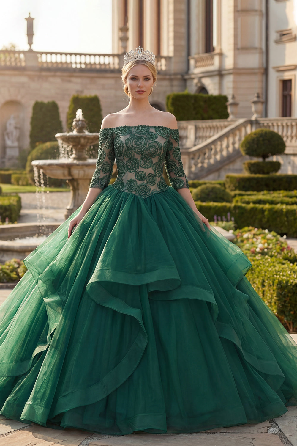 Dark Green Princess Off the Shoulder Tulle Floral Long Quinceanera Dress with Ruffles