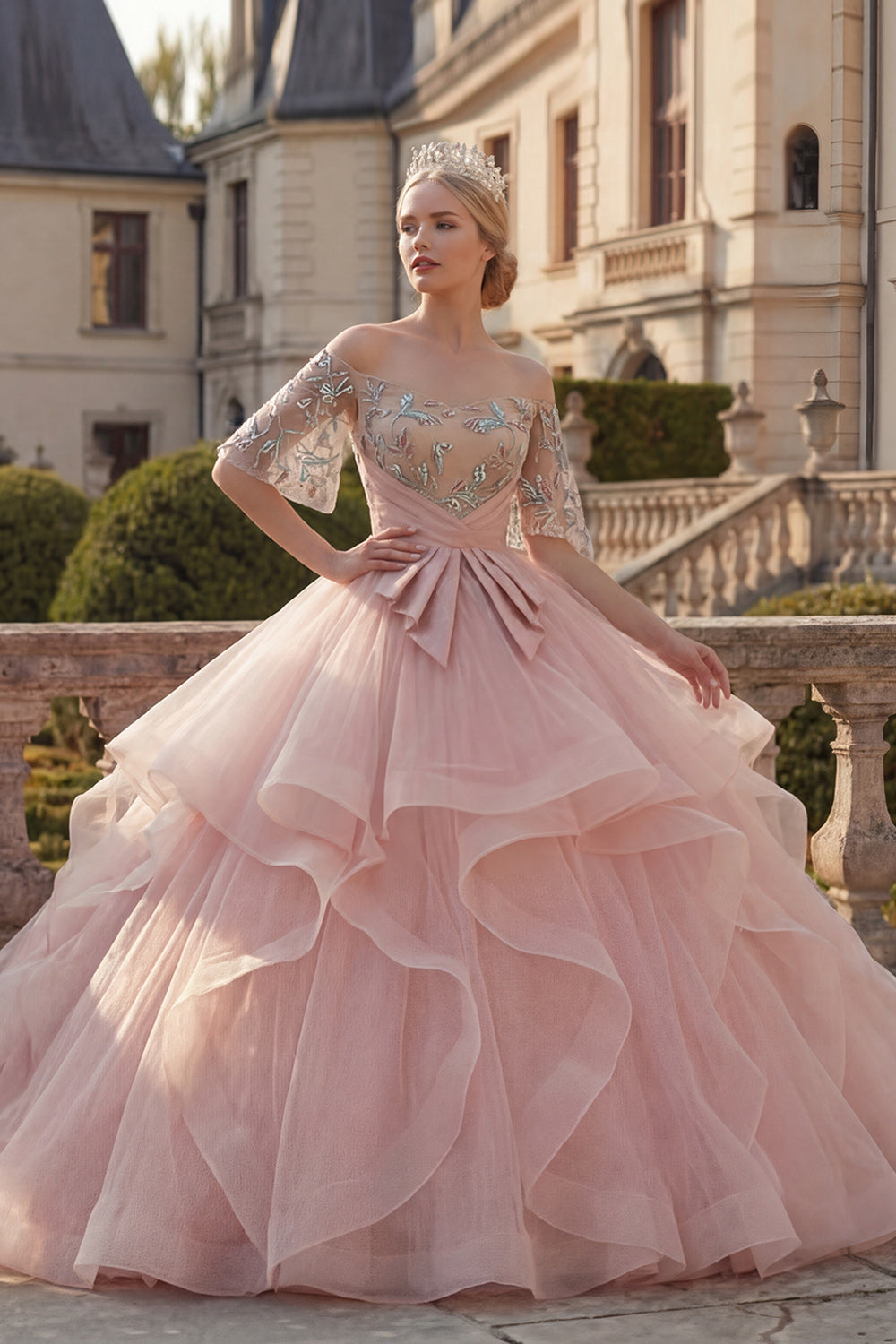 Sparkly Blush Princess Beaded Ruffled Off the Shoulder Long Quinceanera Dress with Sash