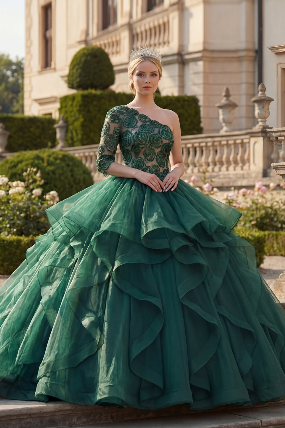 Dark Green One Shoulder Princess Floral Tulle Long Quinceanera Dress with Ruffles