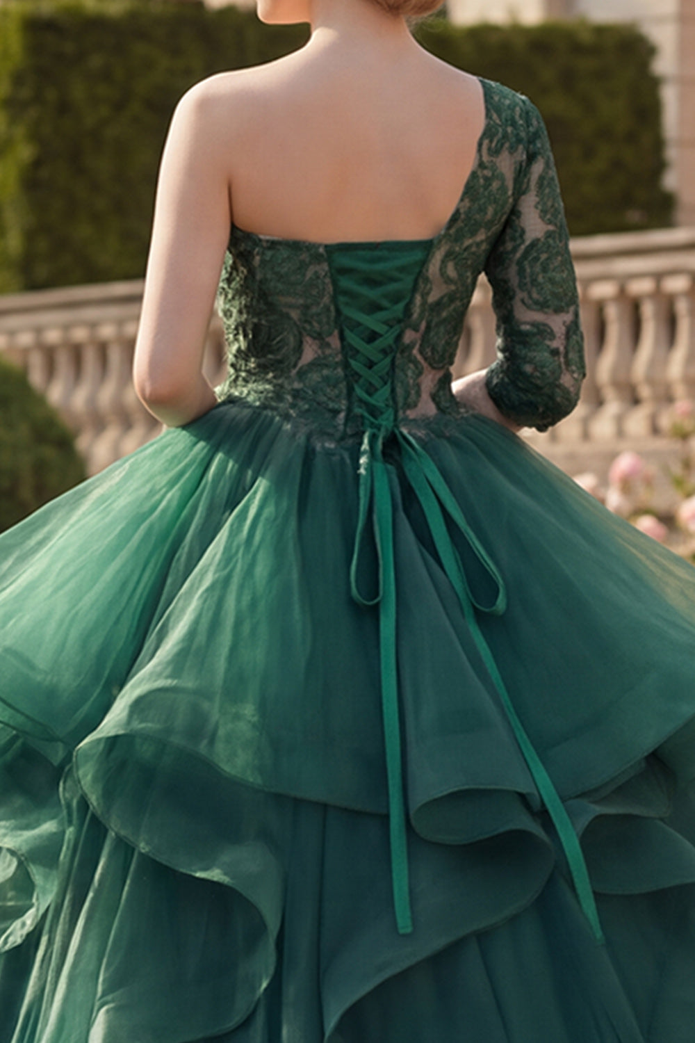 Dark Green One Shoulder Princess Floral Tulle Long Quinceanera Dress with Ruffles