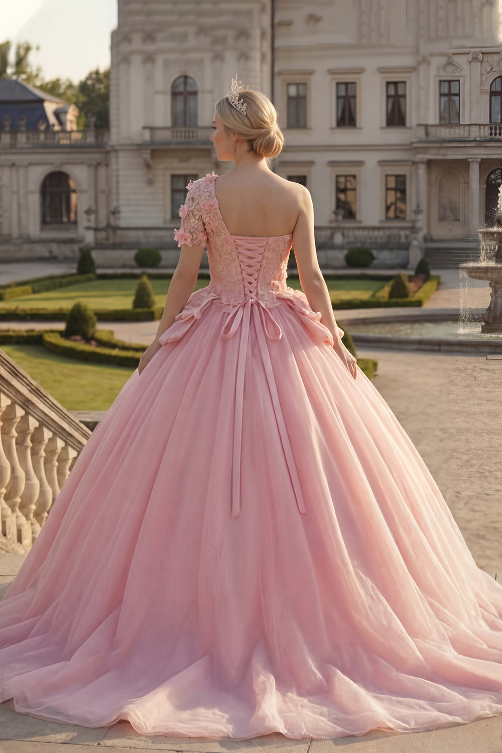 Pink Floral Tulle One Shoulder Princess Long Quinceanera Dress with Ruffles