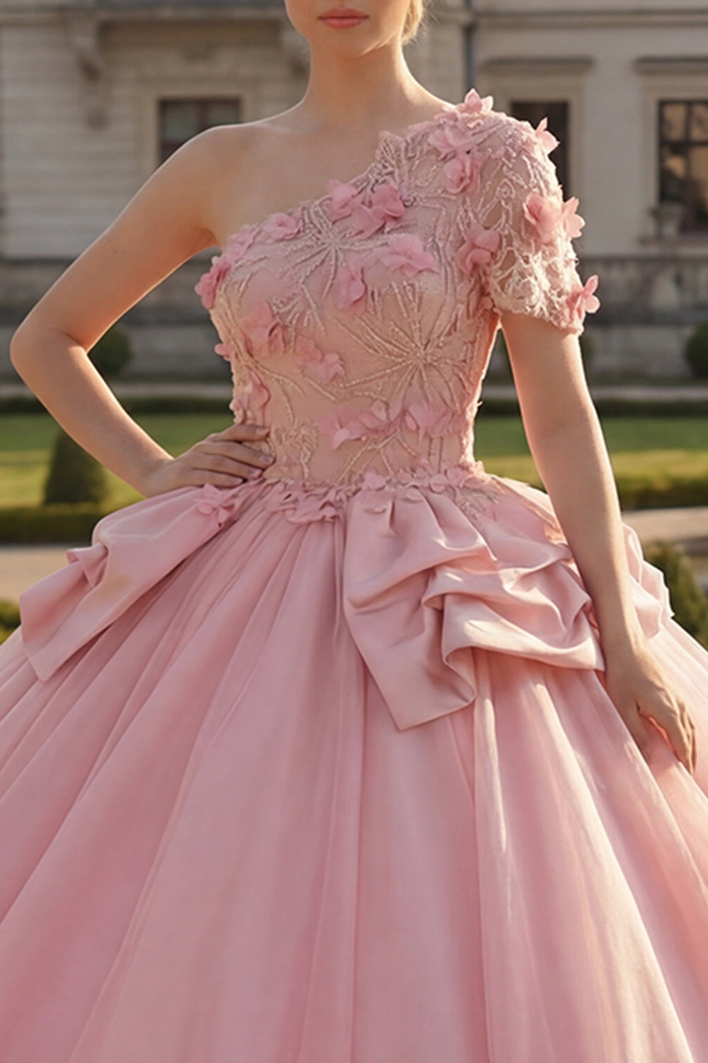Pink Floral Tulle One Shoulder Princess Long Quinceanera Dress with Ruffles