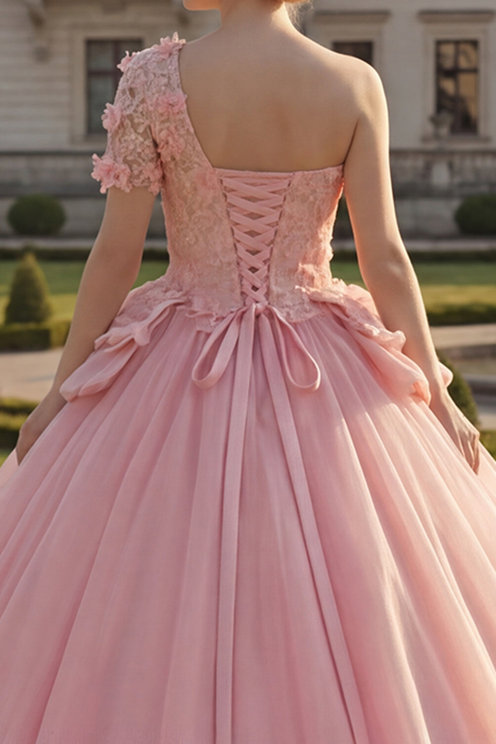 Pink Floral Tulle One Shoulder Princess Long Quinceanera Dress with Ruffles