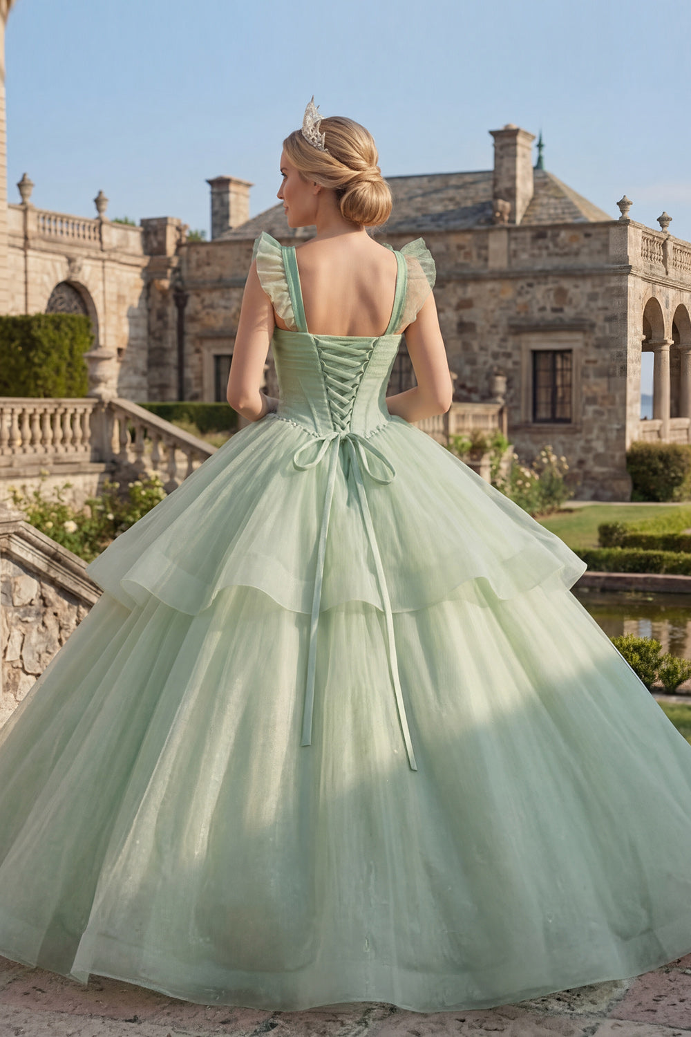 Mint Green Glitter Long Corset Princess Quinceanera Dress with Ruffles