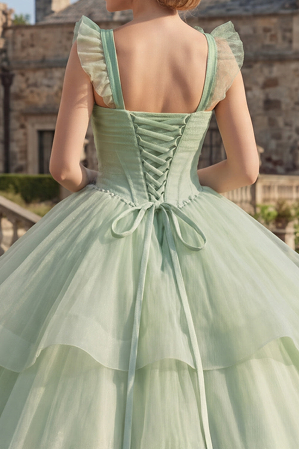 Mint Green Glitter Long Corset Princess Quinceanera Dress with Ruffles