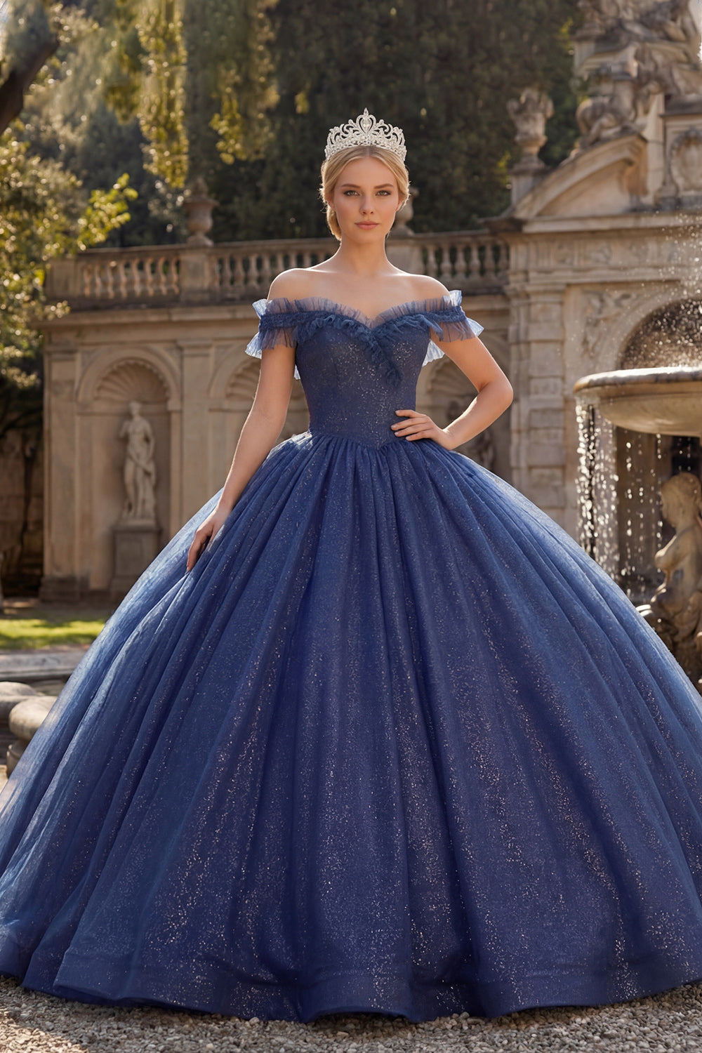 Glitter Navy Ball Gown Off the Shoulder Princess Long Quinceanera Dress with Ruffles