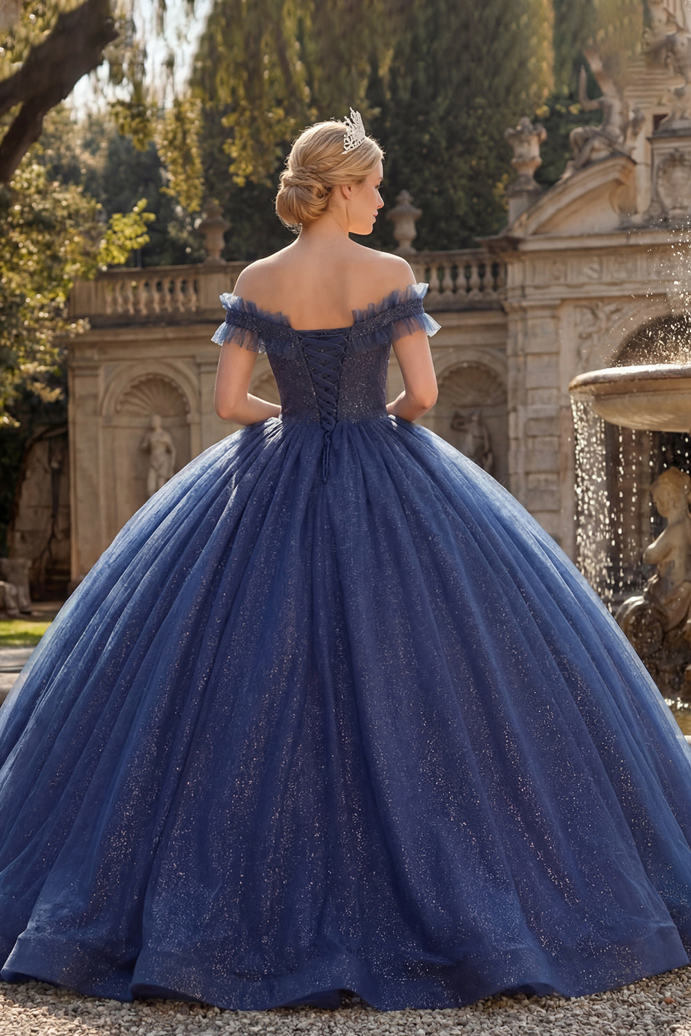 Glitter Navy Ball Gown Off the Shoulder Princess Long Quinceanera Dress with Ruffles