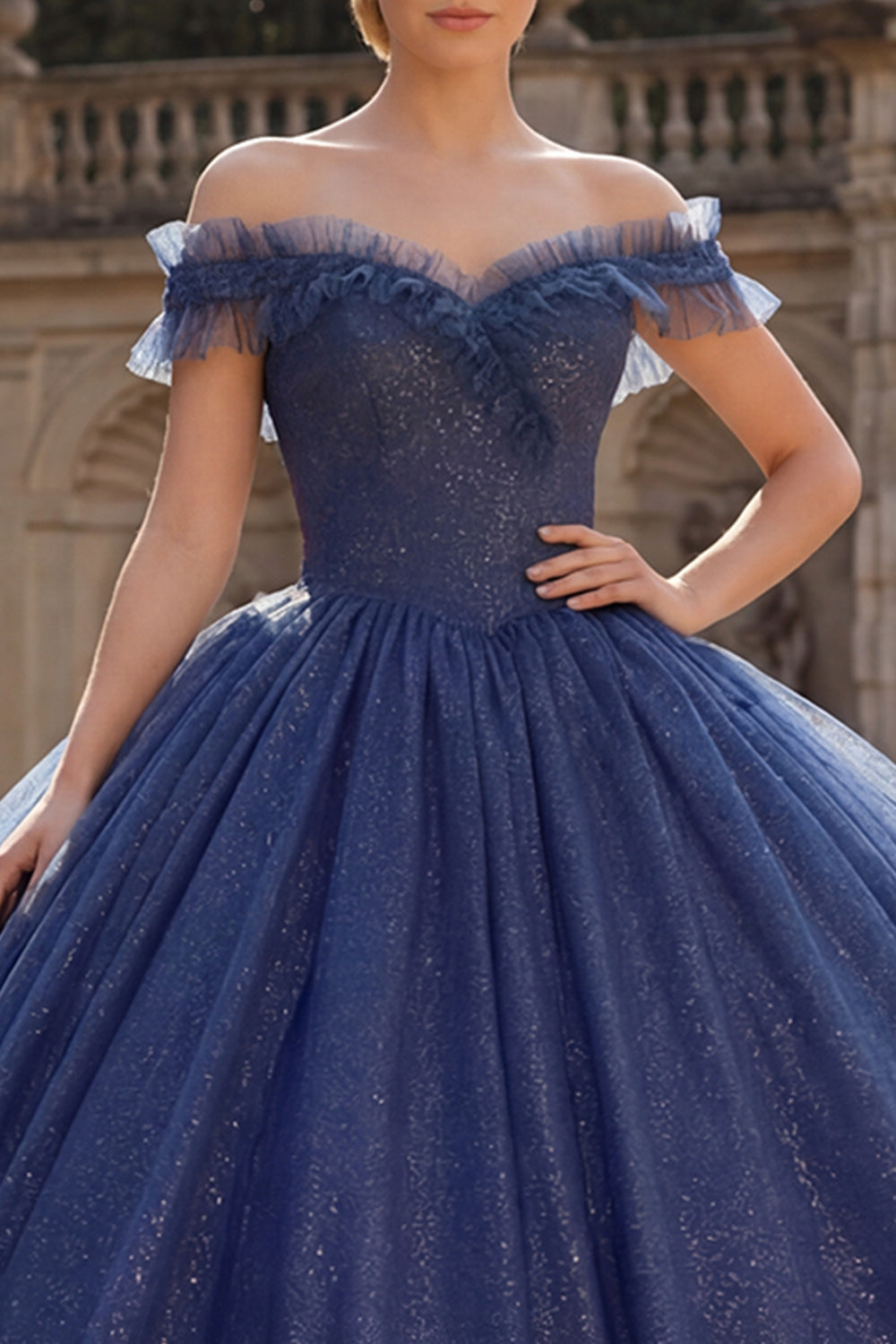 Glitter Navy Ball Gown Off the Shoulder Princess Long Quinceanera Dress with Ruffles