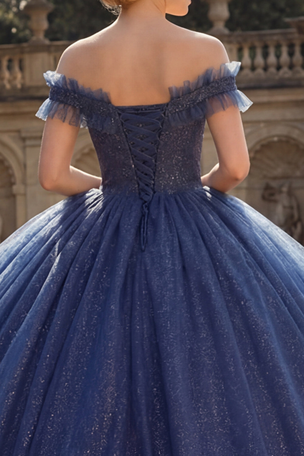 Glitter Navy Ball Gown Off the Shoulder Princess Long Quinceanera Dress with Ruffles