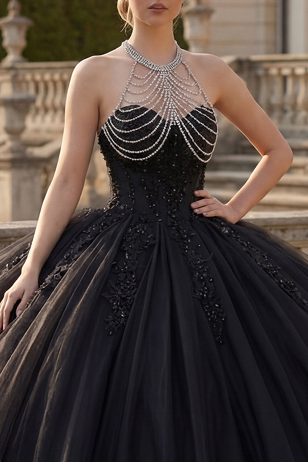 Sparkly Black Halter Backless Princess Long Quinceanera Dress with Beading