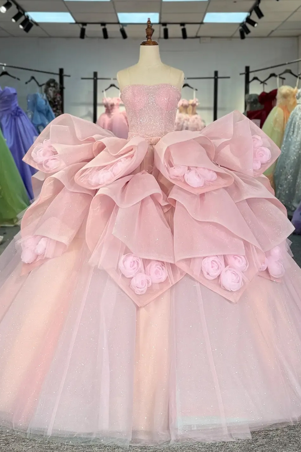 Sparkly Tulle Blush Ruffled Strapless Long Quinceanera Dress Sequins Ball Gown Sleeveless Sweet 16 Dress with 3D Flower