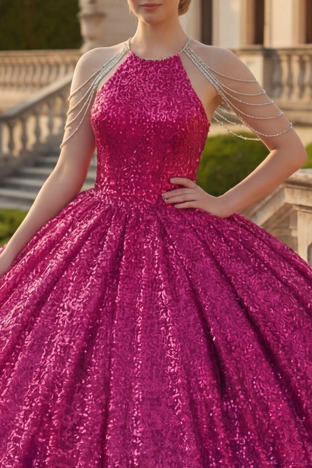 Sparkly Fuchsia Ball Gown Long Princess Sequin Quinceanera Dress with Beading