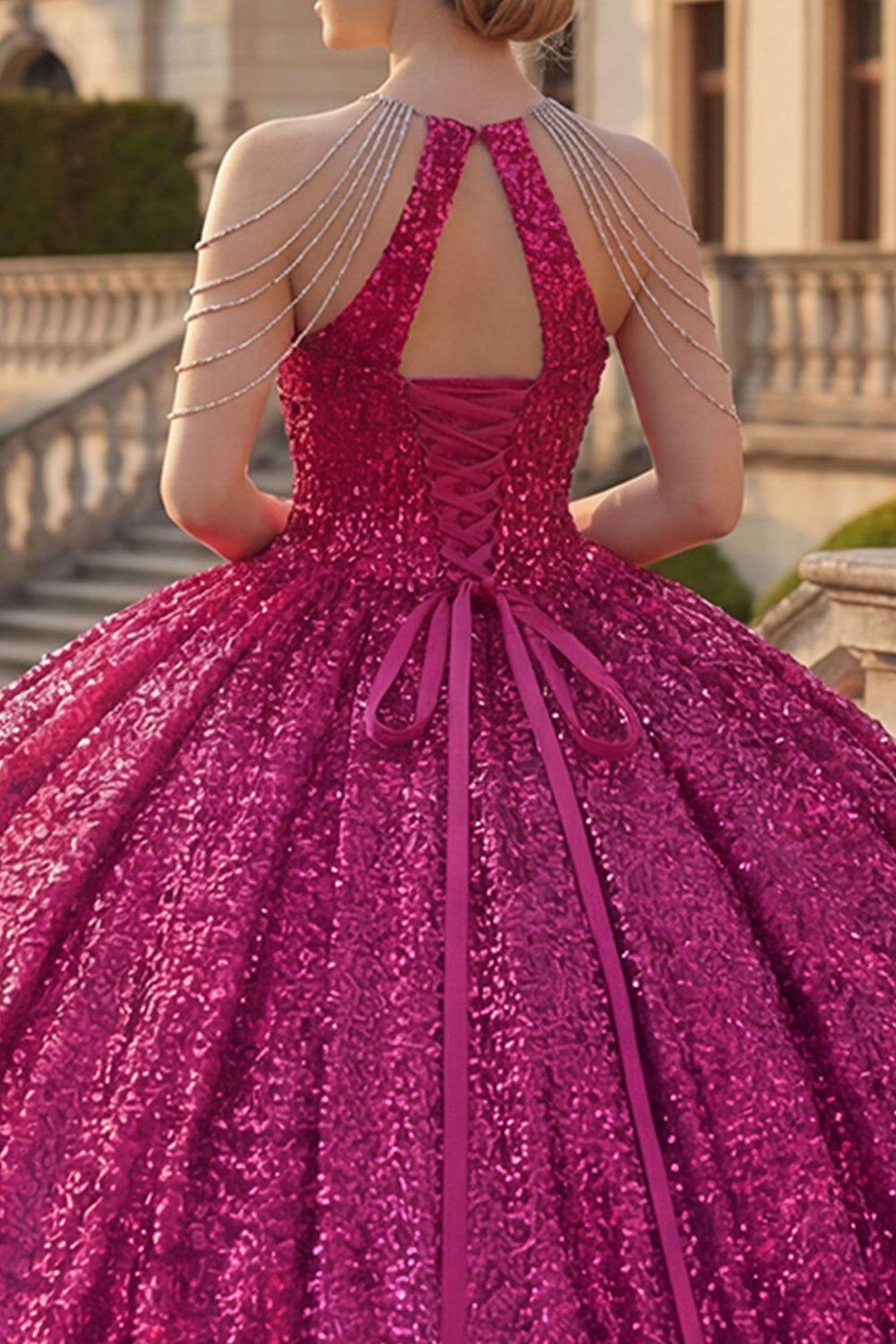 Sparkly Fuchsia Ball Gown Long Princess Sequin Quinceanera Dress with Beading