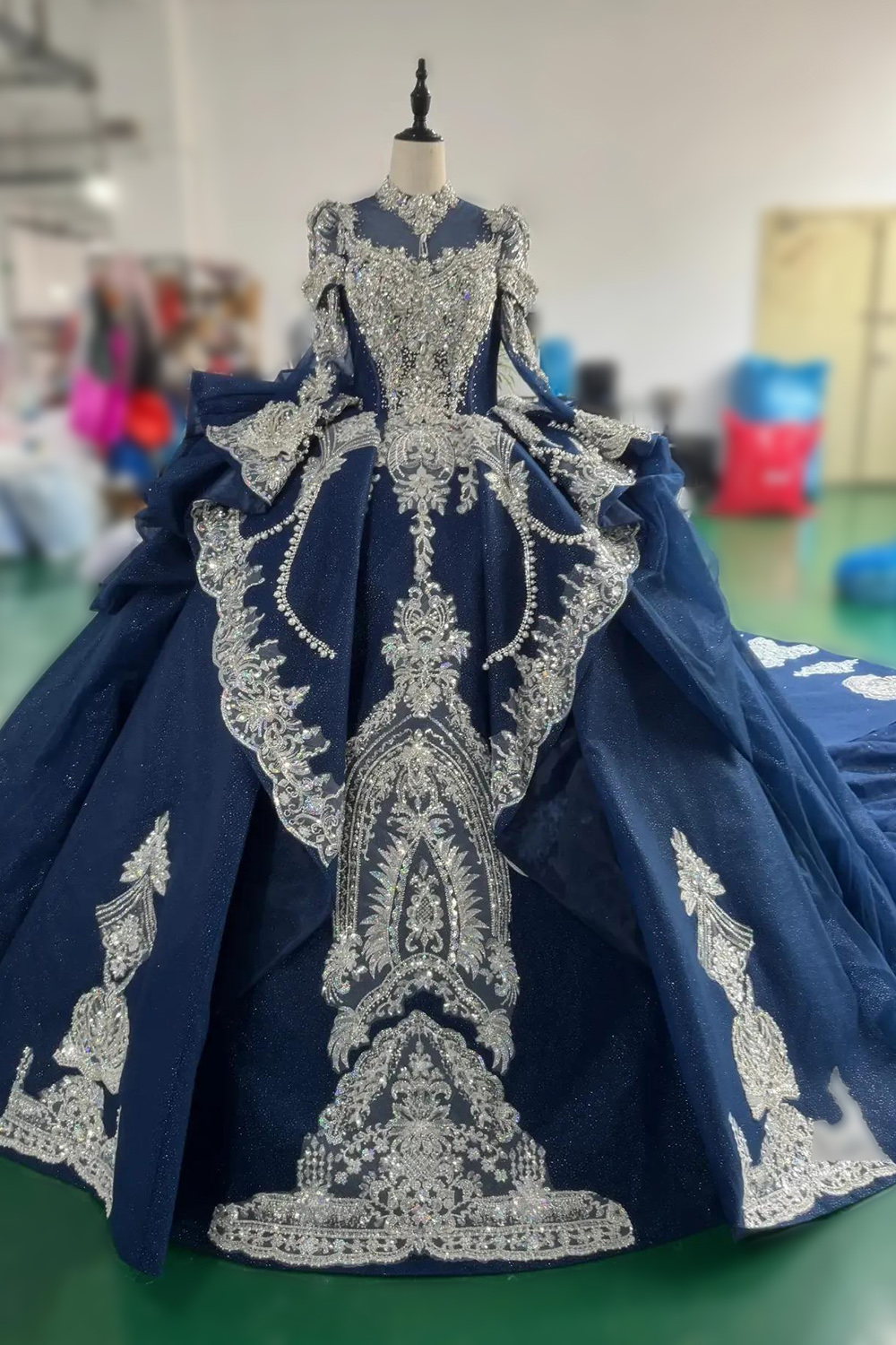 Navy Sparkly Sequin Corset Beaded Appliqued Ball Gown Ruffled Long Quinceanera Dress Tulle Lace High Neck Long Sleeves Sweet 16 Dress