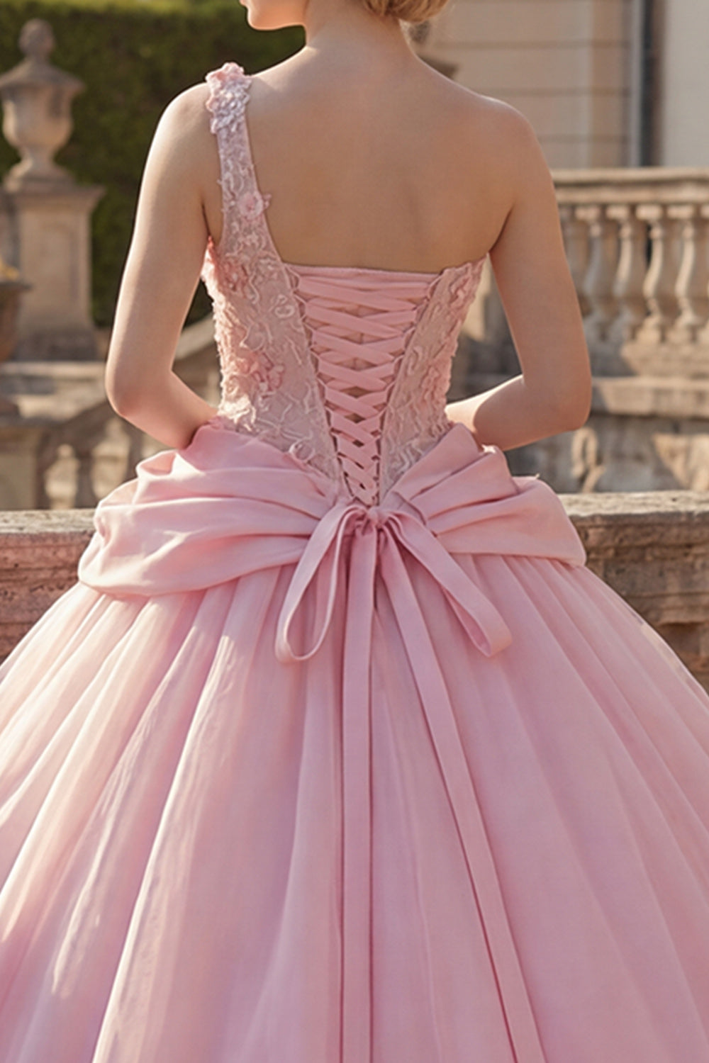 Sparkly Pink Floral One Shoulder Ruched Princess Long Quinceanera Dress with Beading