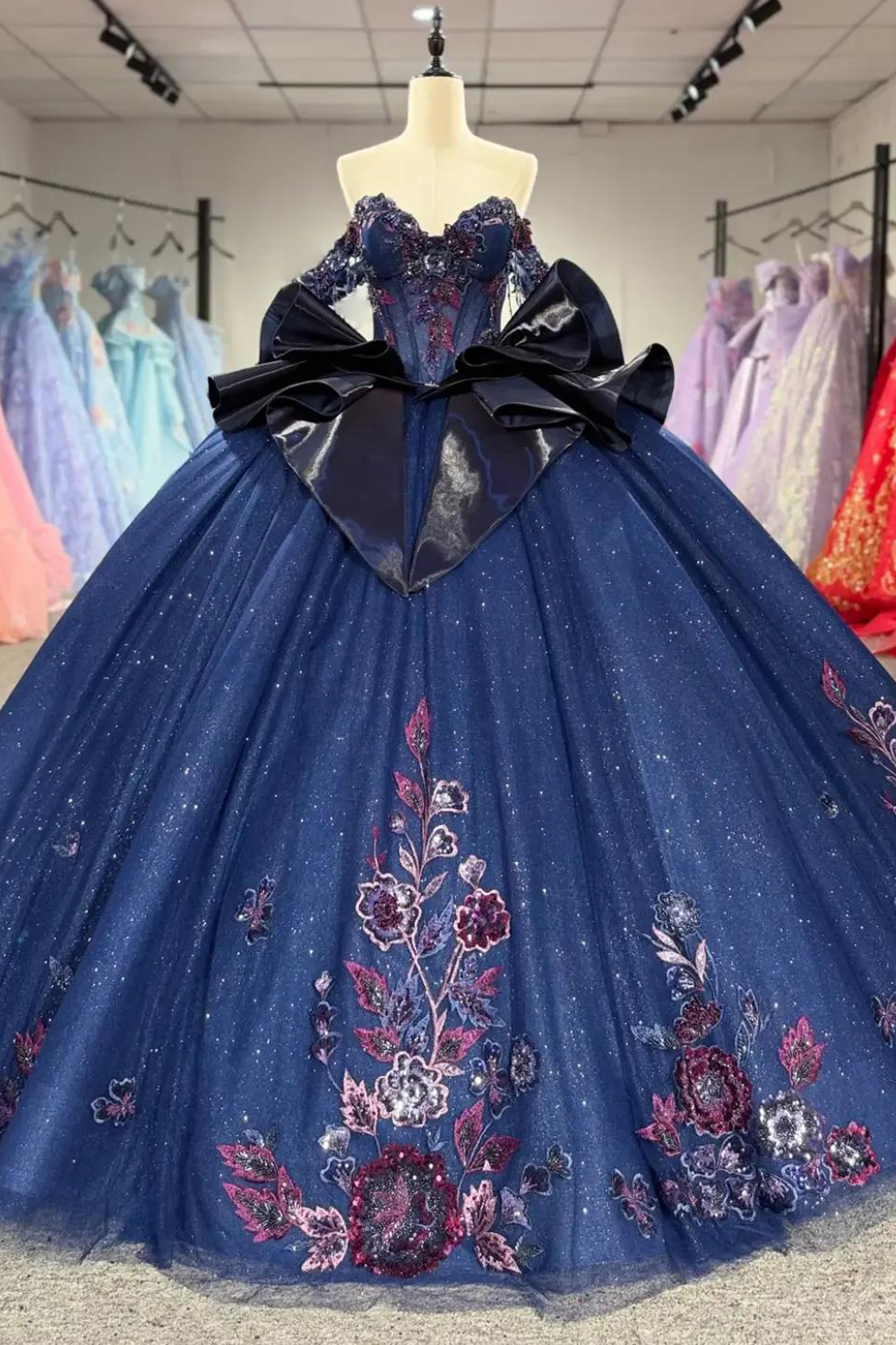 Sparkly Navy Floral Corset Glitter Long Quinceanera Dress Ruffled Tulle Sequins Ball Gown Off the Shoulder Sweet 16 Dress