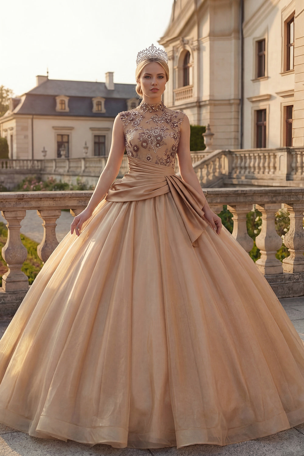 Sparkly Champagne Floral High Neck Tulle Princess Beaded Long Quinceanera Dress with Ruffles