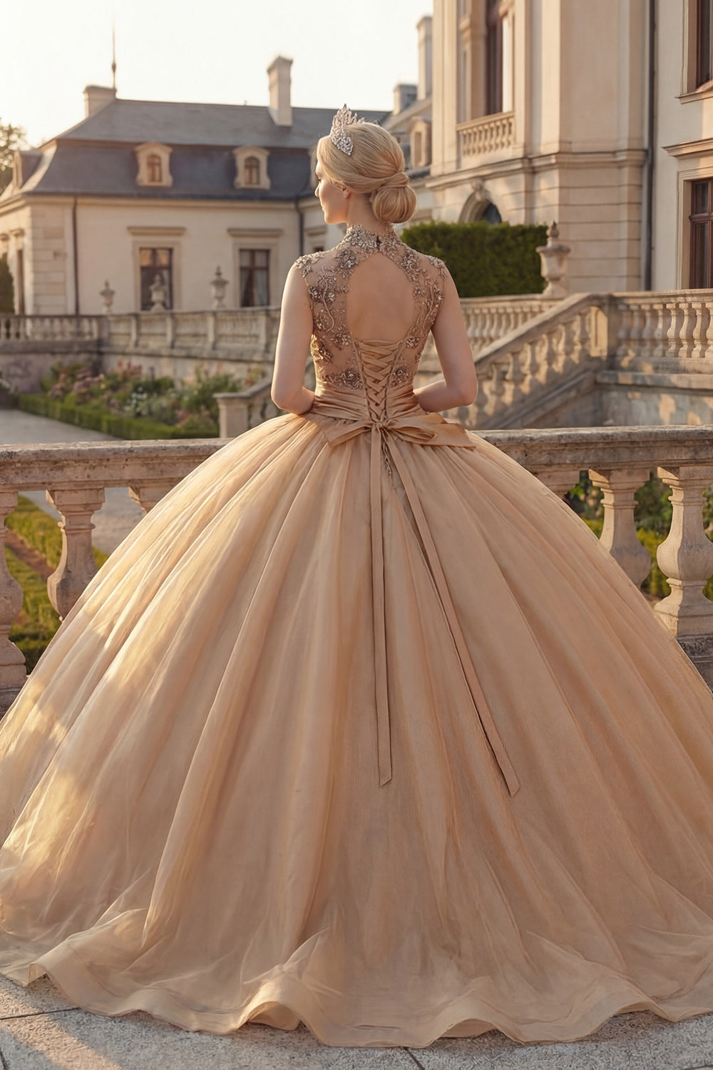 Sparkly Champagne Floral High Neck Tulle Princess Beaded Long Quinceanera Dress with Ruffles