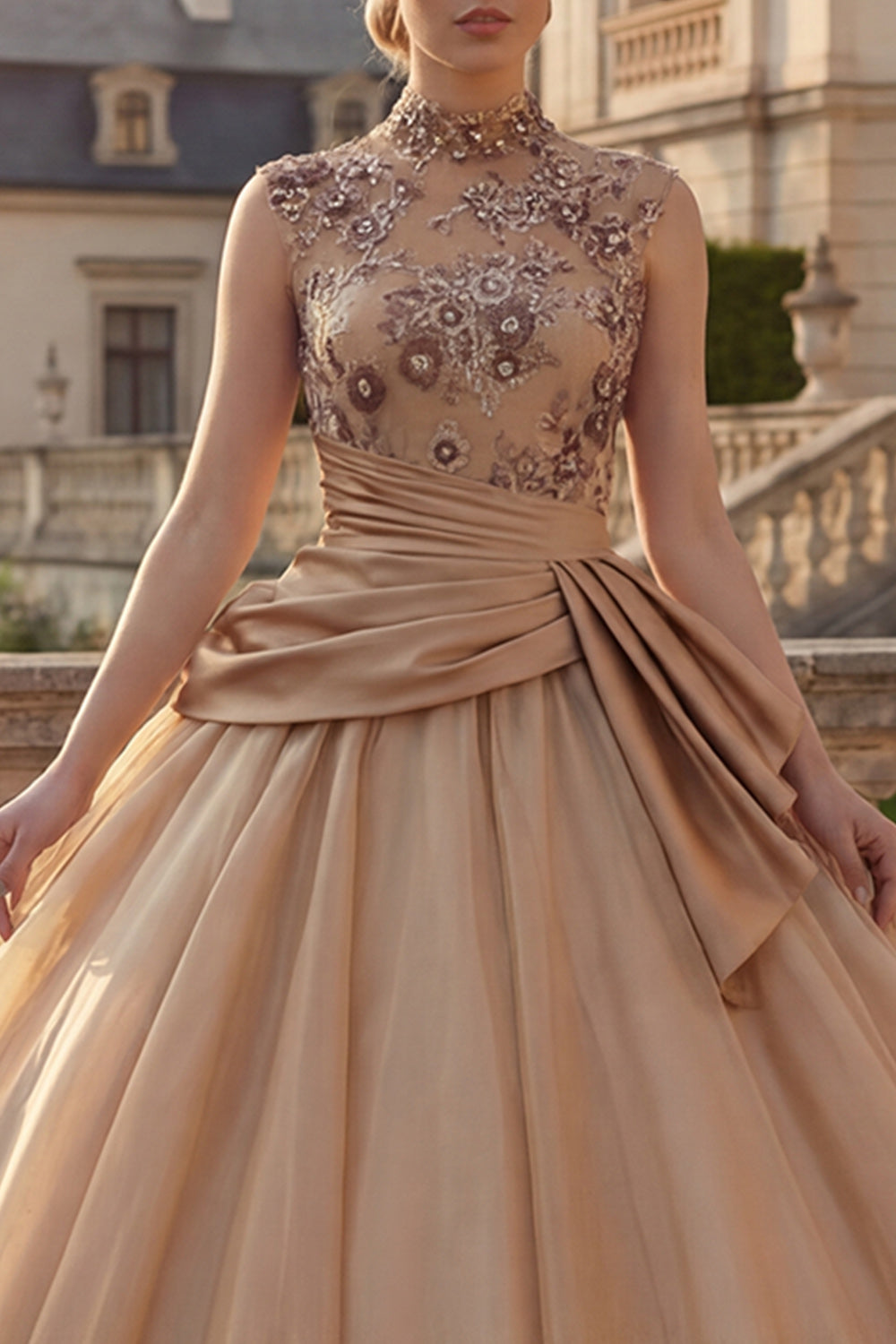 Sparkly Champagne Floral High Neck Tulle Princess Beaded Long Quinceanera Dress with Ruffles